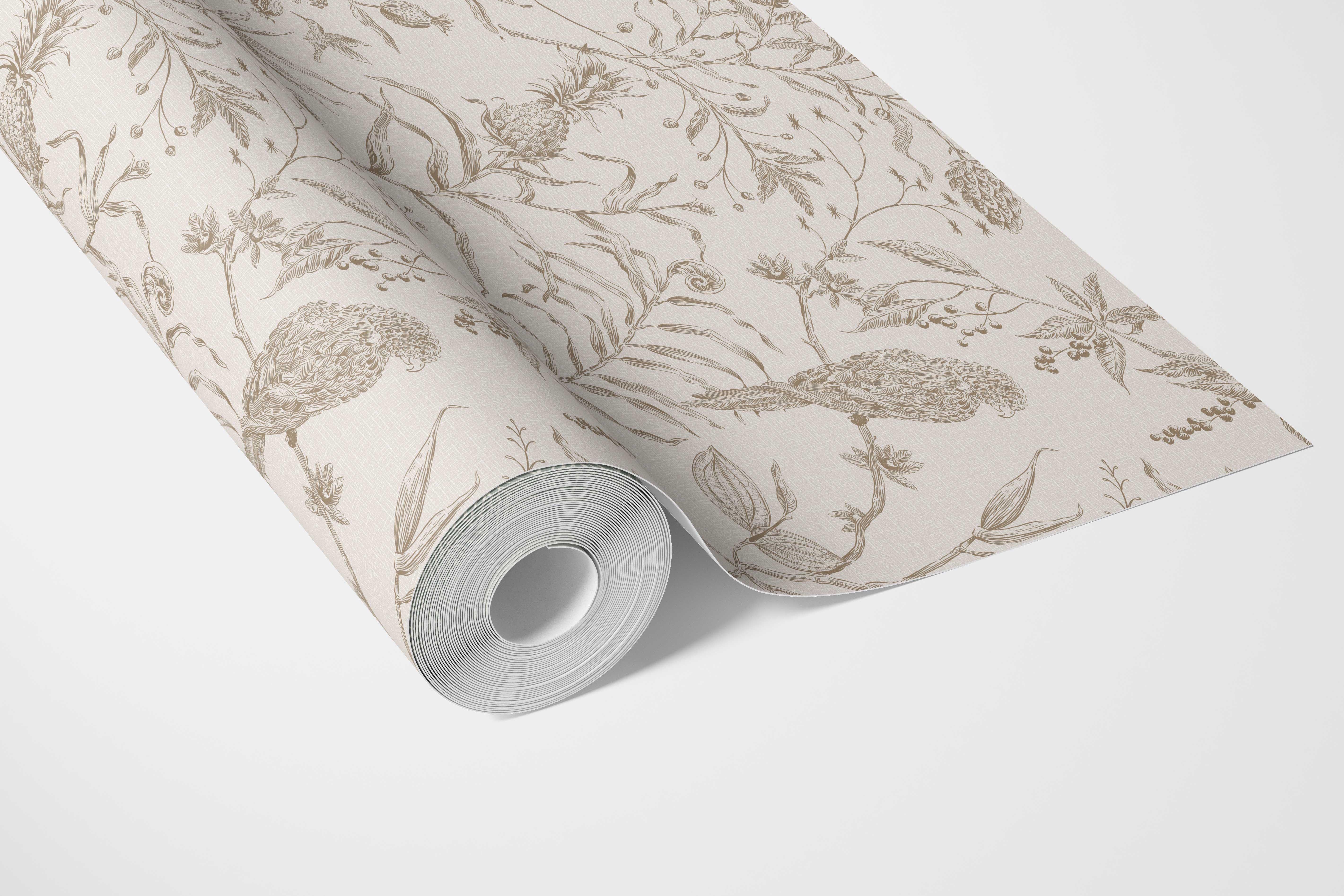 Birds Print/ Botanical Bathroom Wallpaper Beige/ Brown/ Warm Gray