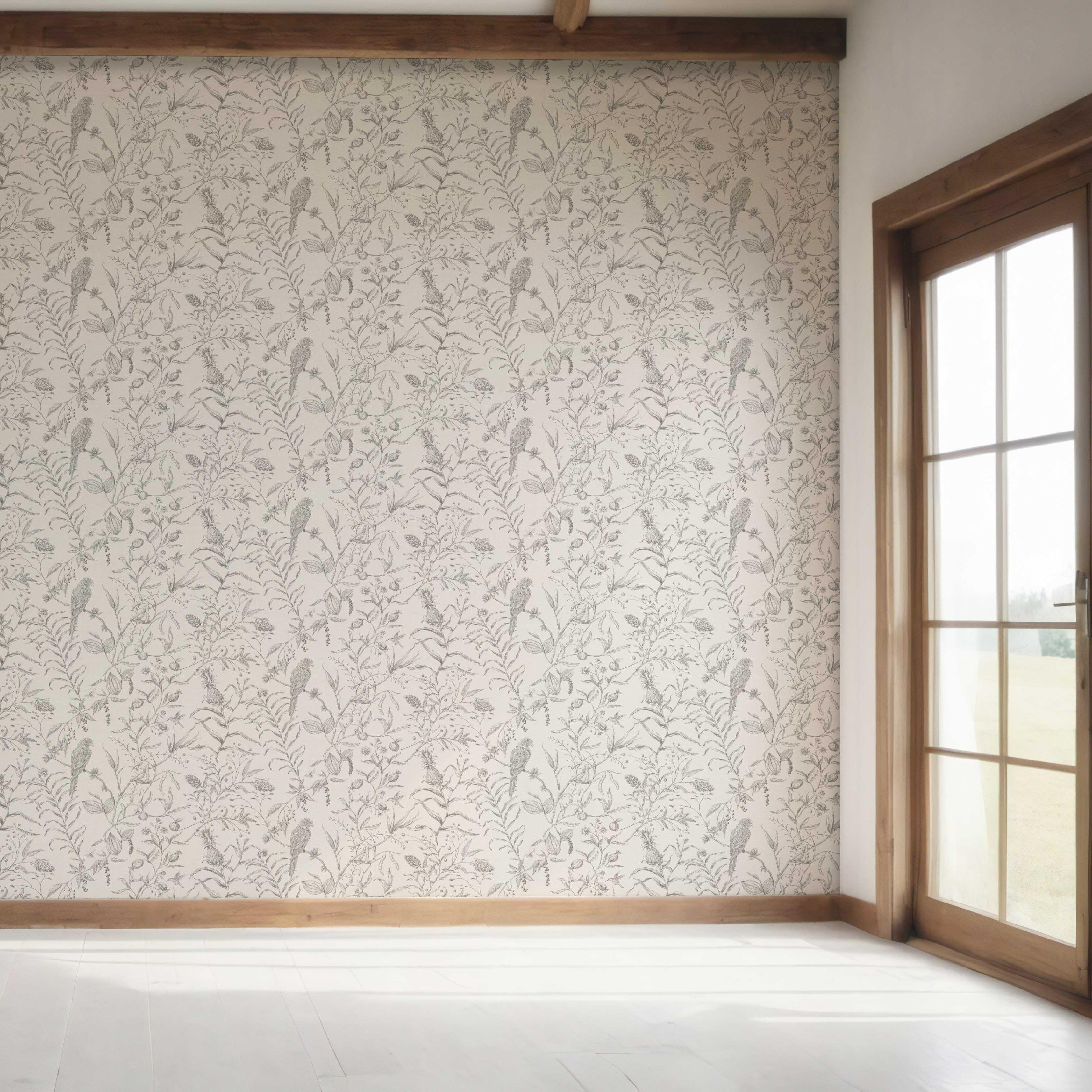 Birds Print/ Botanical Bedroom Wallpaper (Gray/ Off-White)