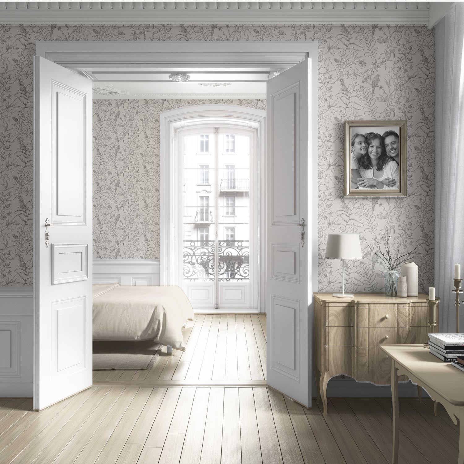 Birds Print/ Botanical Living Room Wallpaper (Gray/ Off-White)