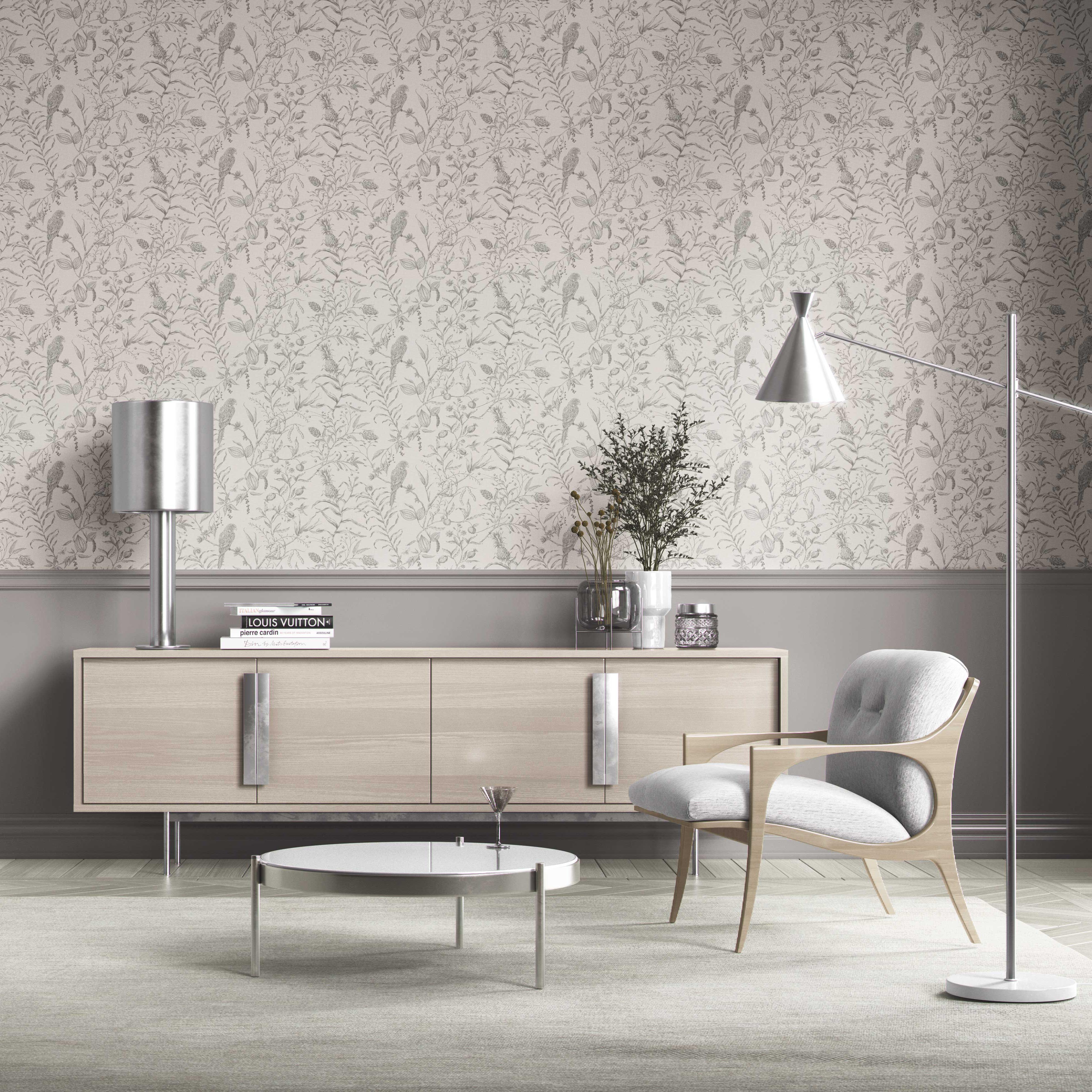 Birds Print/ Botanical Kitchen Wallpaper Sample (Gray/ Off-White)