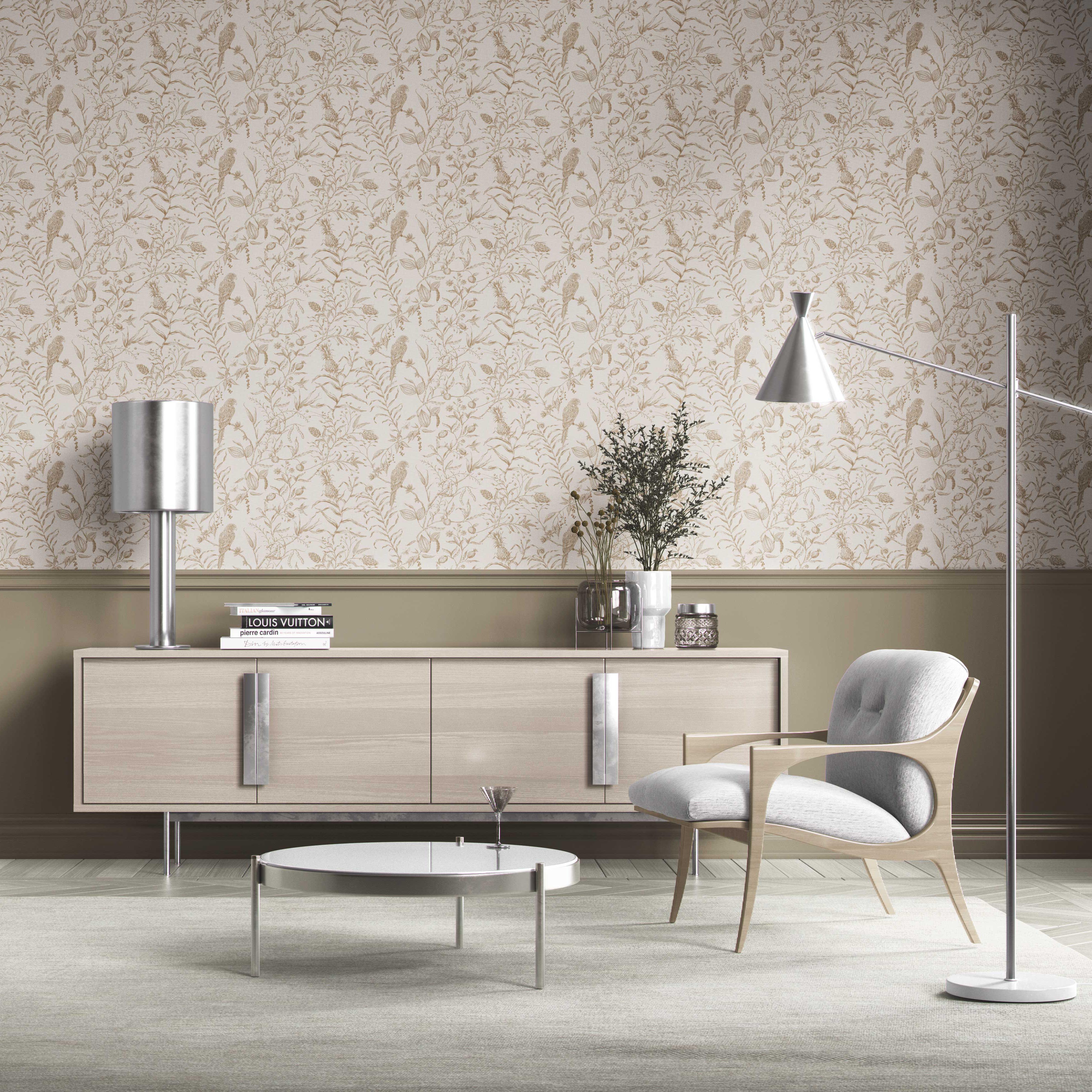 Birds Print/ Botanical Kitchen Wallpaper (Beige/ Brown/ Warm Gray)