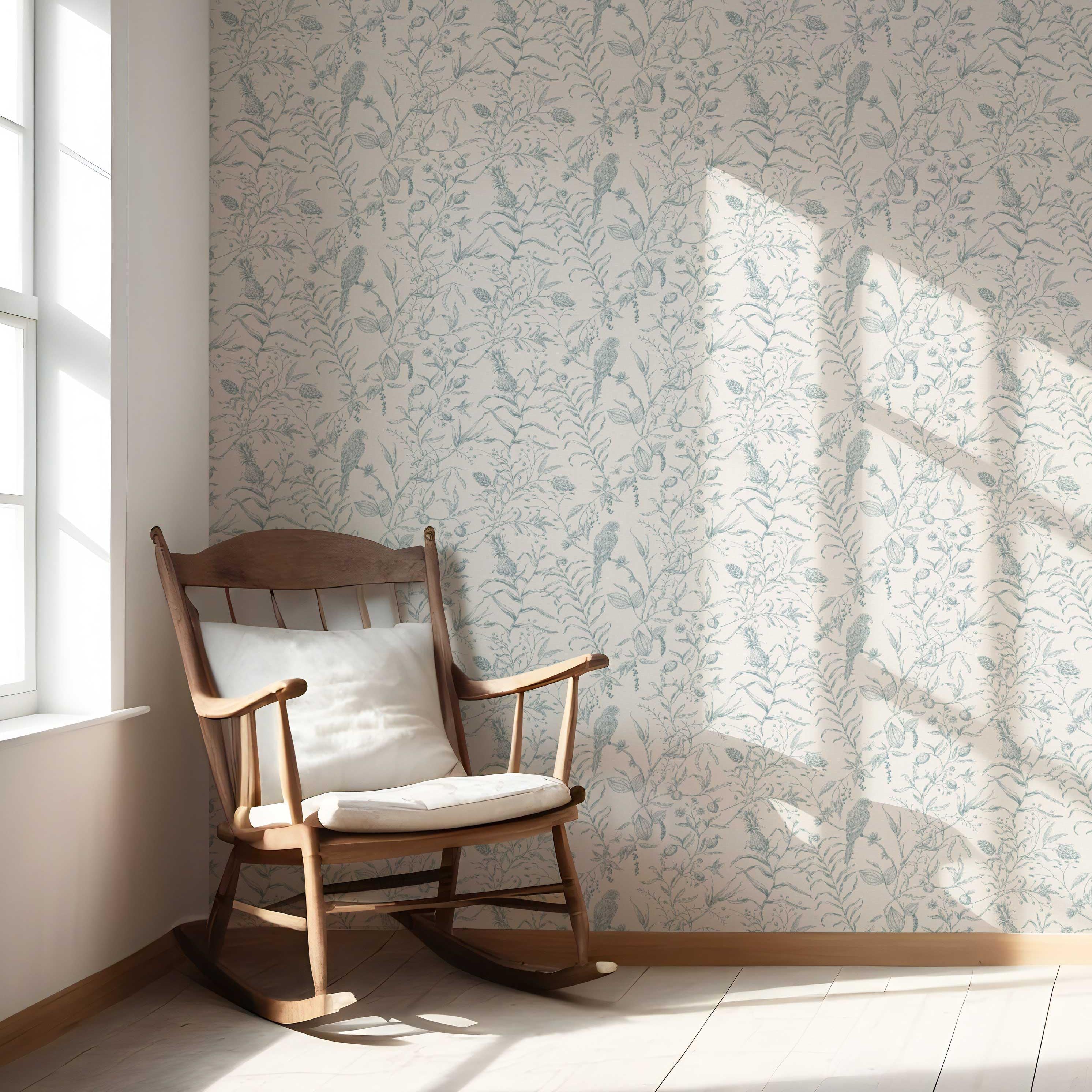 Birds Print/ Botanical Nursery Wallpaper (Duck Egg Blue/ Off-White)