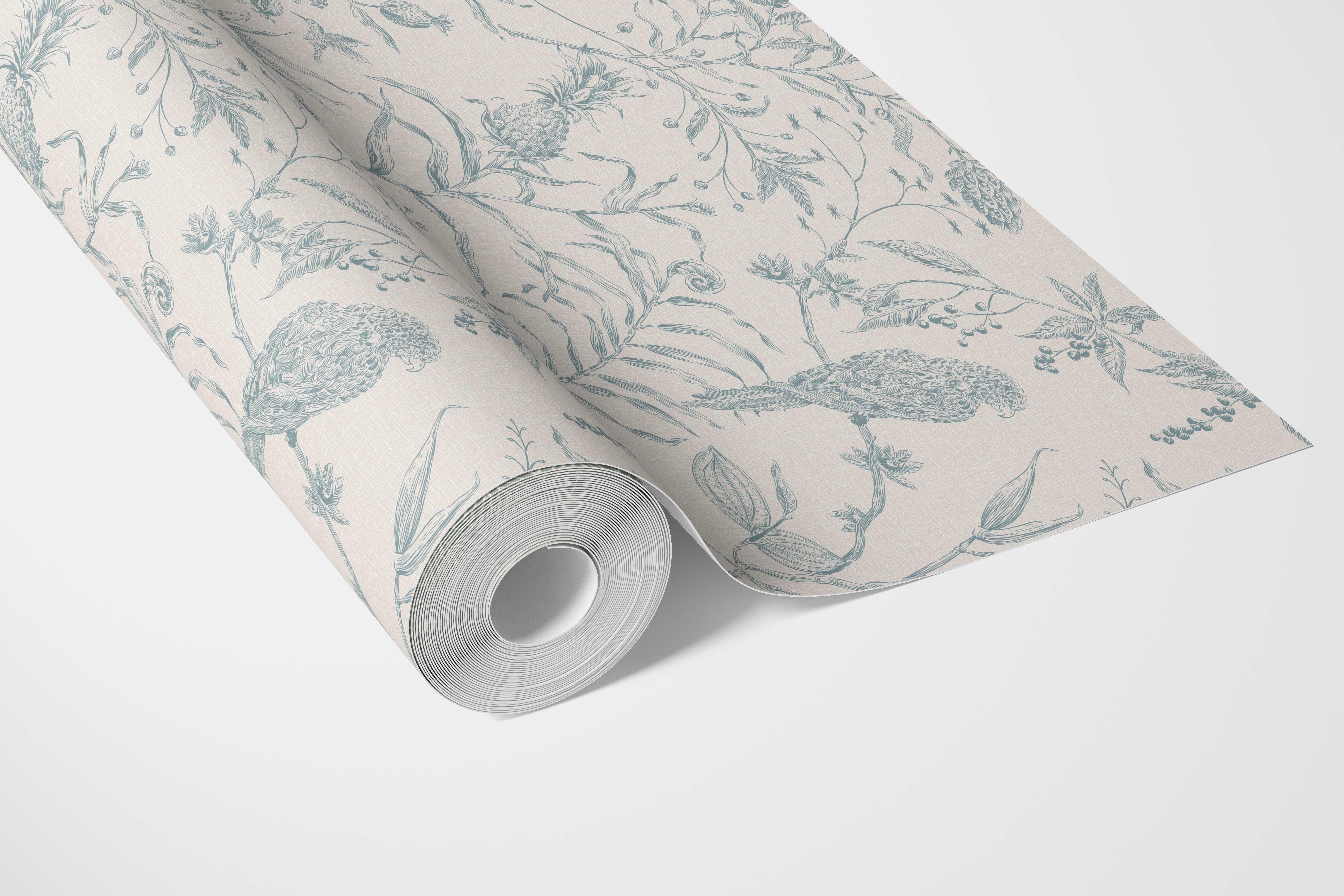 Birds Print/ Botanical Bathroom Wallpaper (Duck Egg Blue/ Off-White)