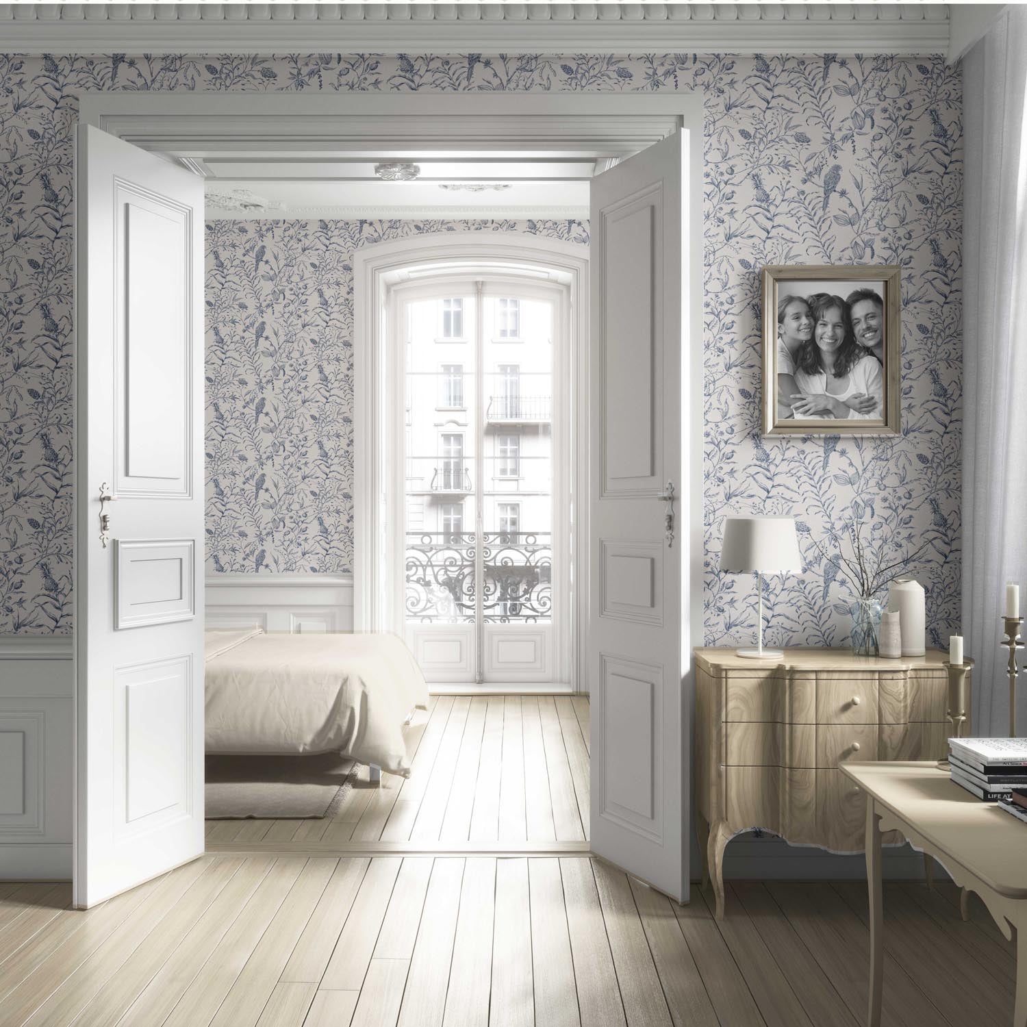 Birds Print/ Botanical Living Room Wallpaper Sample (Navy Blue)
