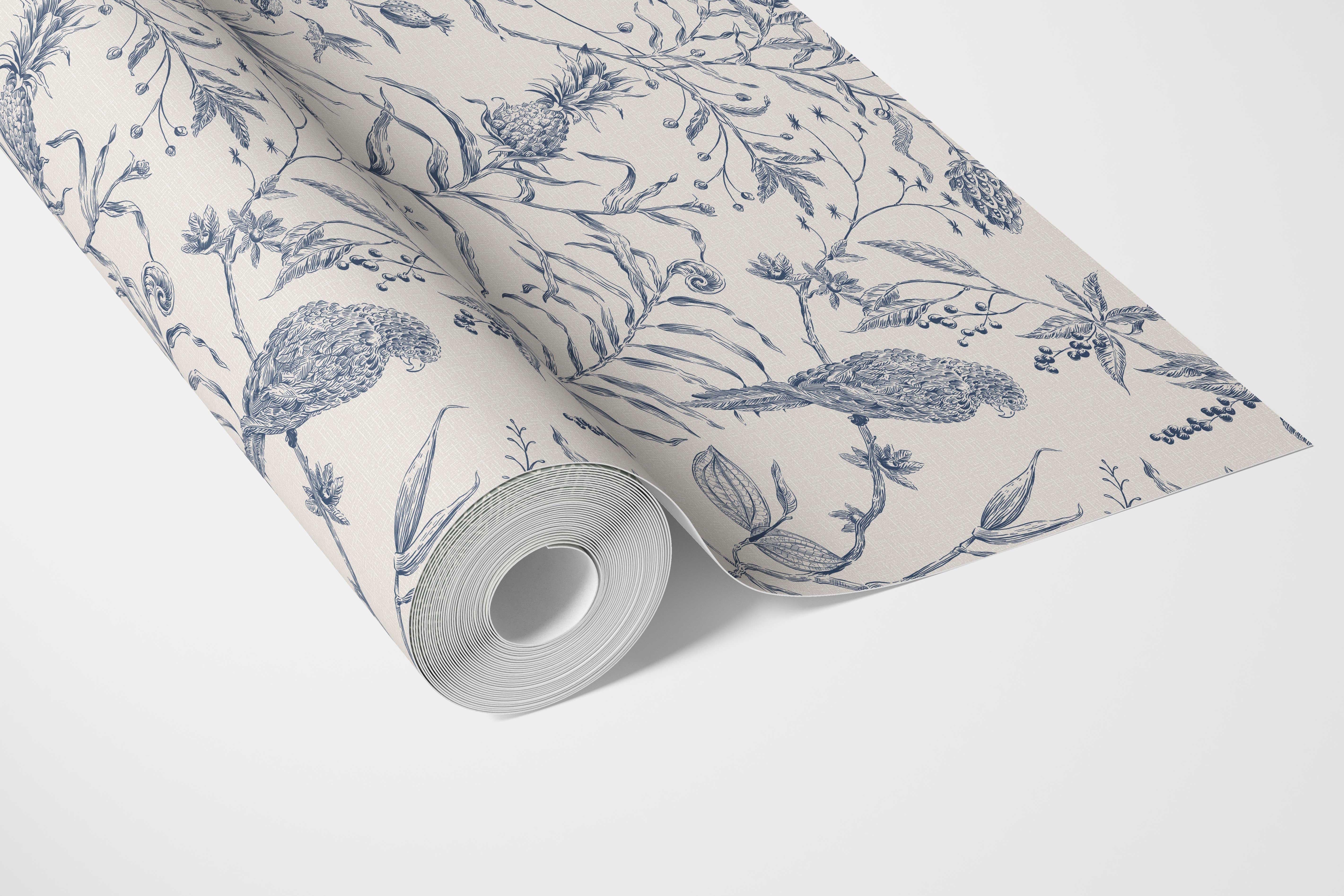 Birds Print/ Botanical Bathroom Wallpaper Sample (Navy Blue)