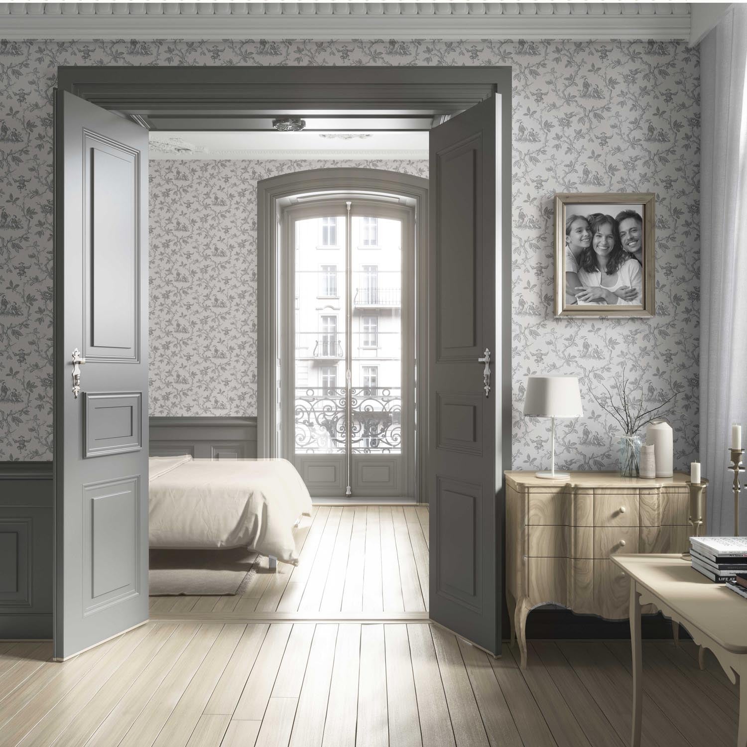 Floral Toile de Jouy Living Room Wallpaper Sample (Gray/ Off-White)