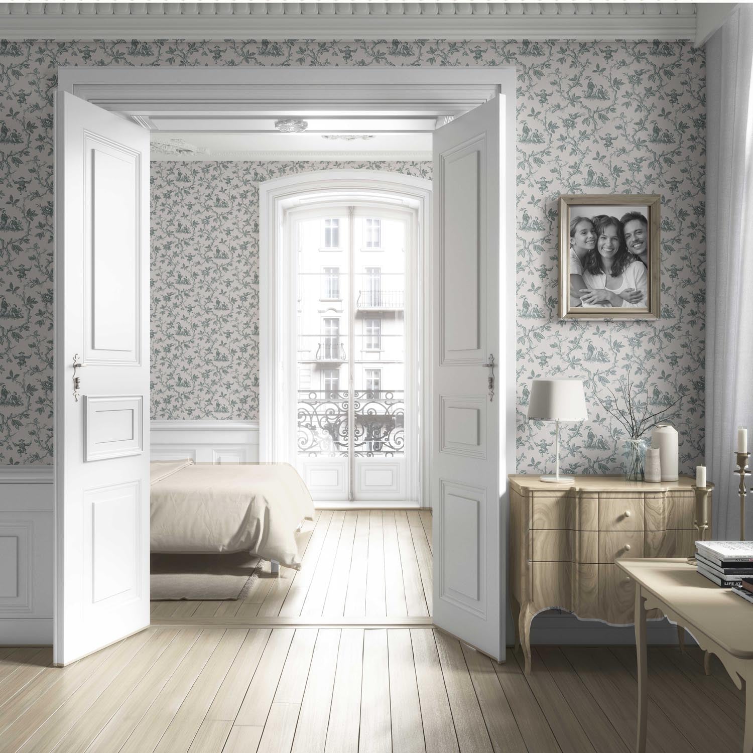 Floral Toile de Jouy Living Room Wallpaper Sample (Blue-Gray/ Off-White)