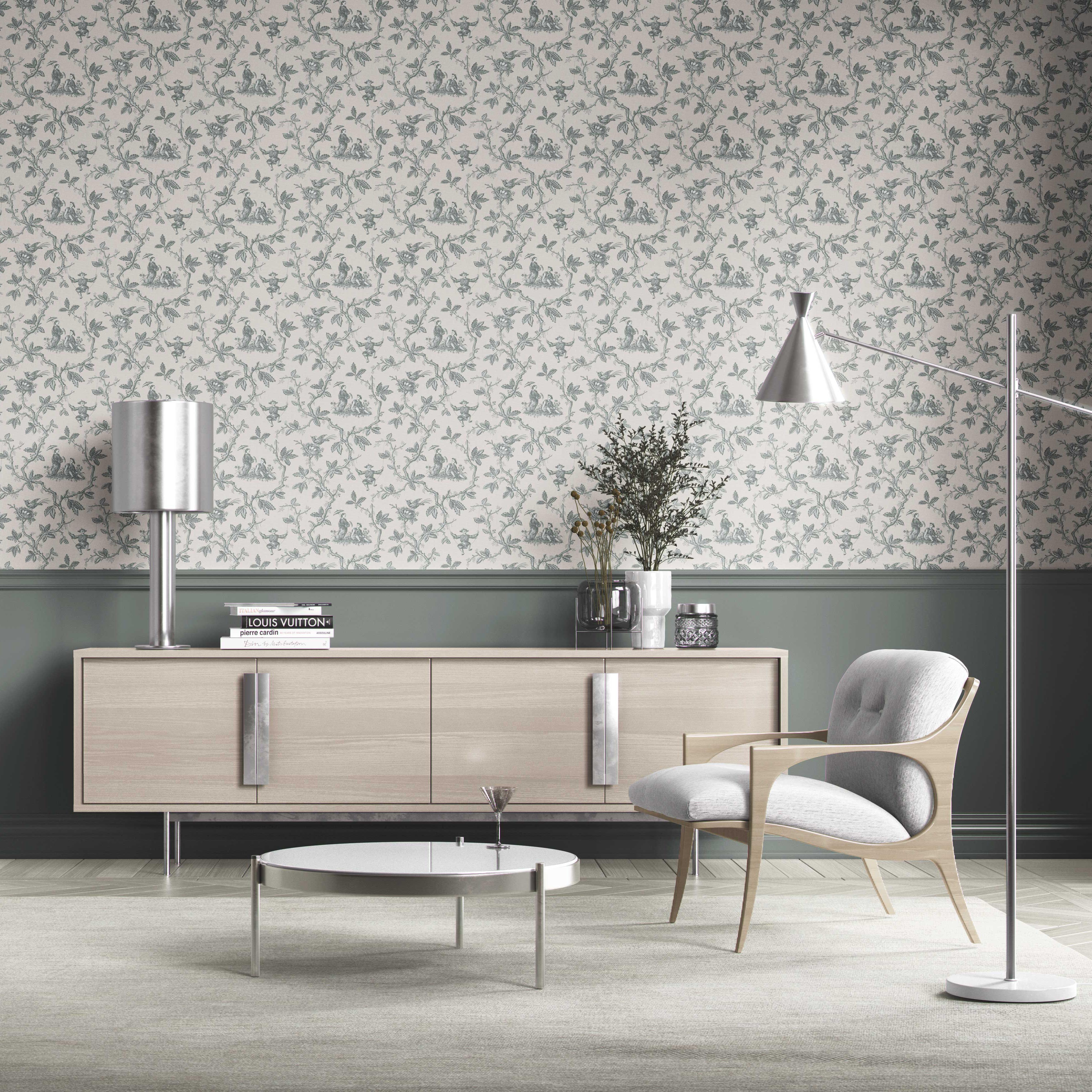 Floral Toile de Jouy Kitchen Wallpaper Sample (Blue-Gray/ Off-White)
