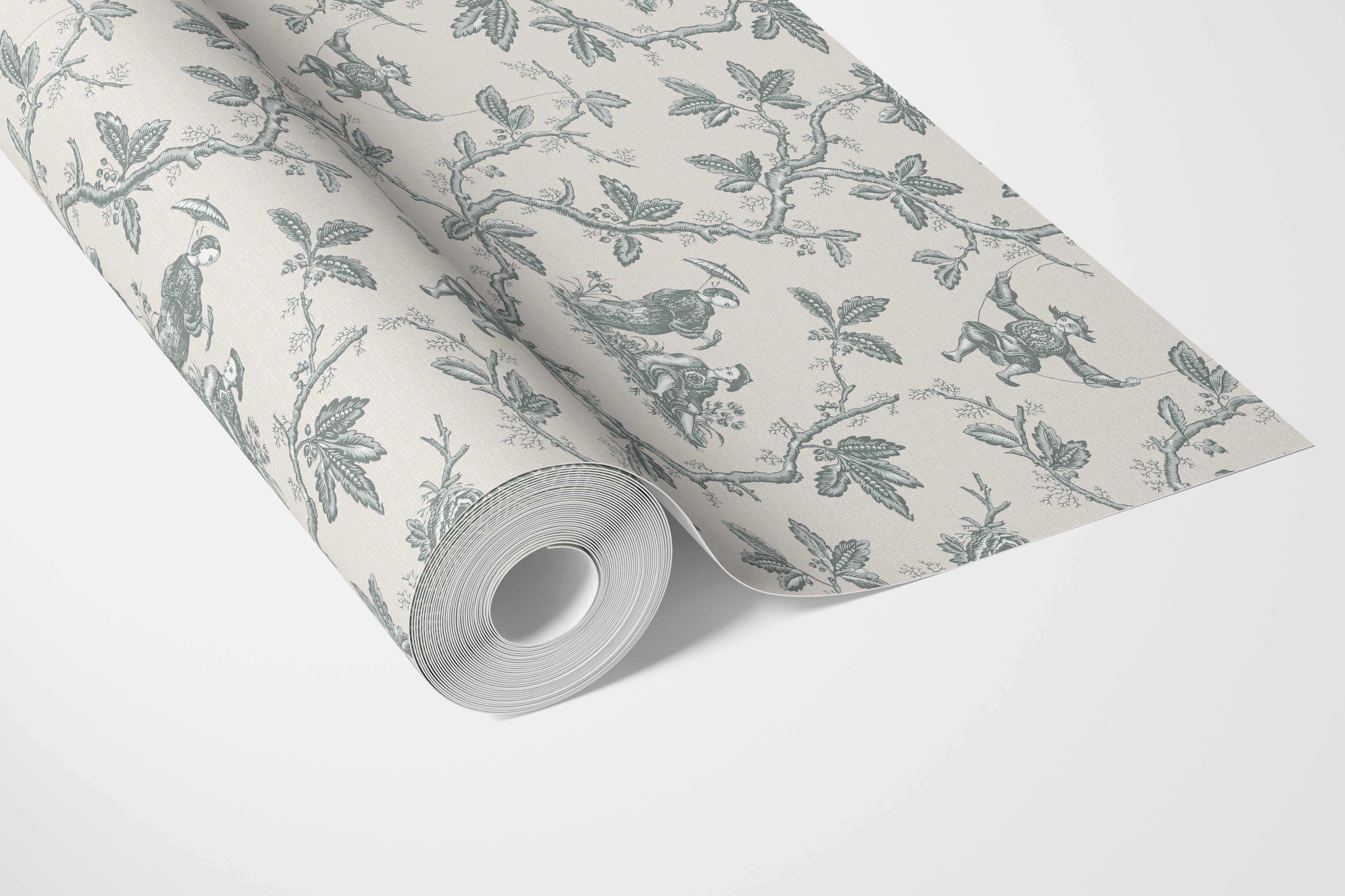 Floral Toile de Jouy Bathroom Wallpaper (Blue-Gray/ Off-White)