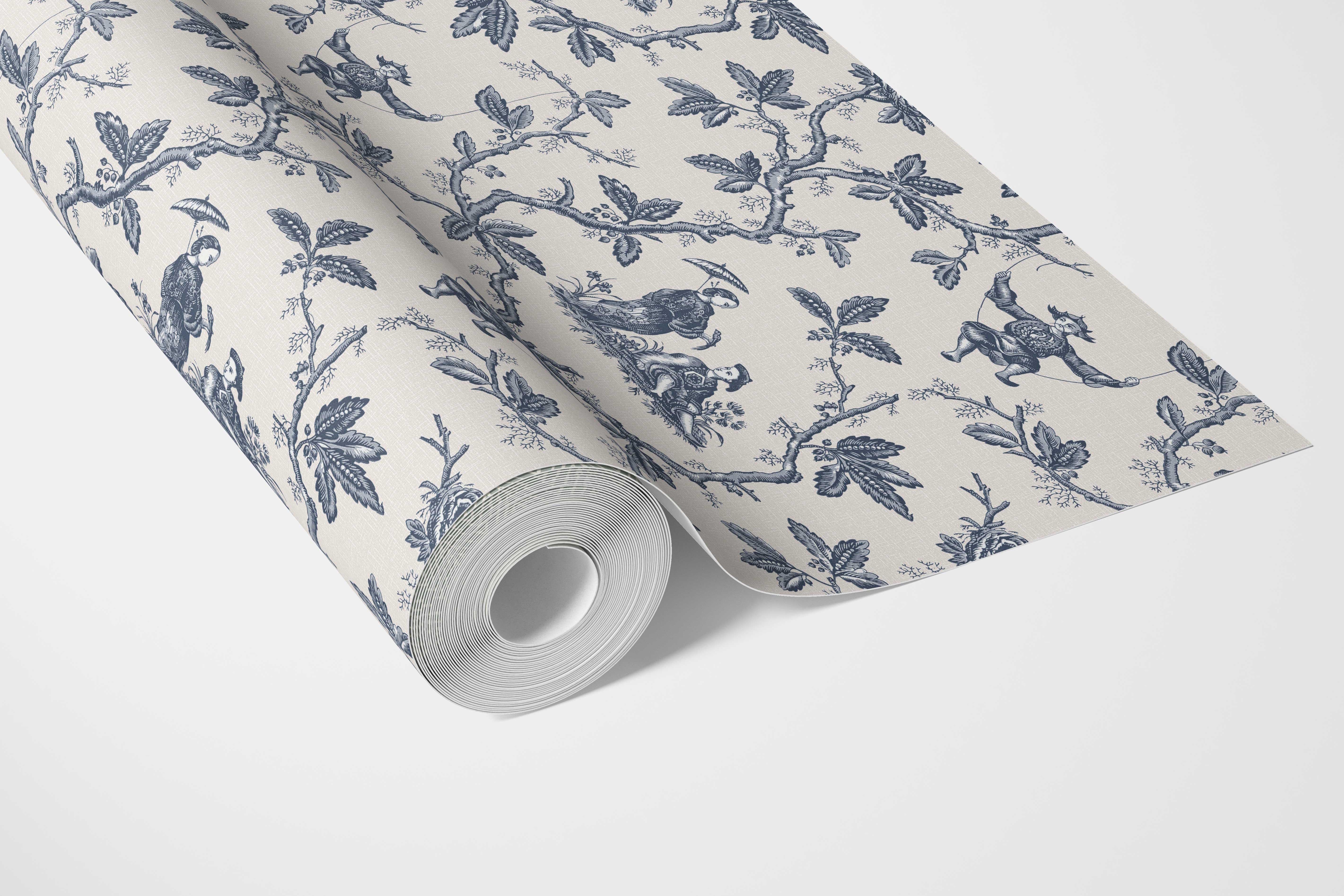 Floral Toile de Jouy Bathroom Wallpaper Sample (Navy Blue/ Off-White)
