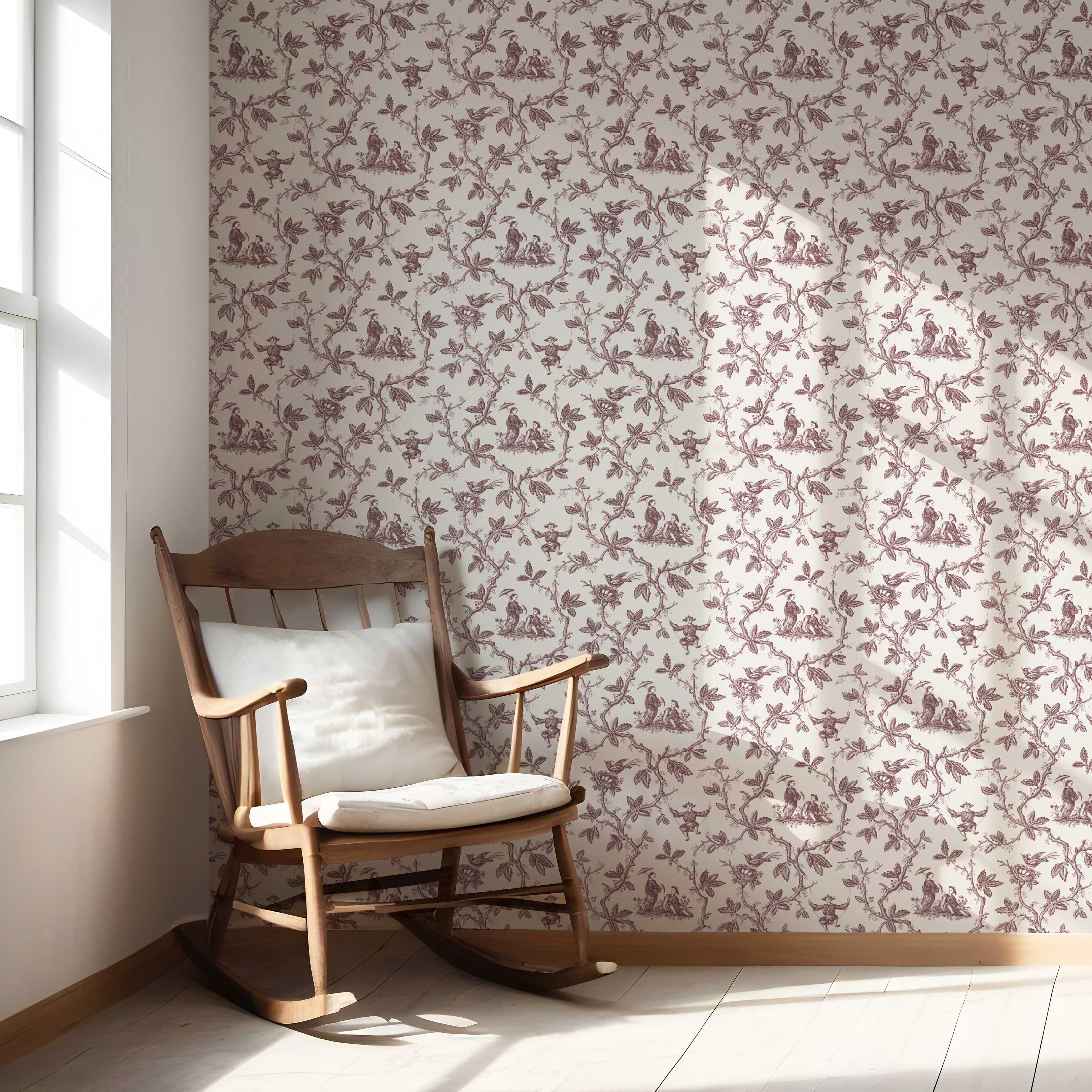 Floral Toile de Jouy Nursery Wallpaper Sample (Brick Red/ Deep Pink)