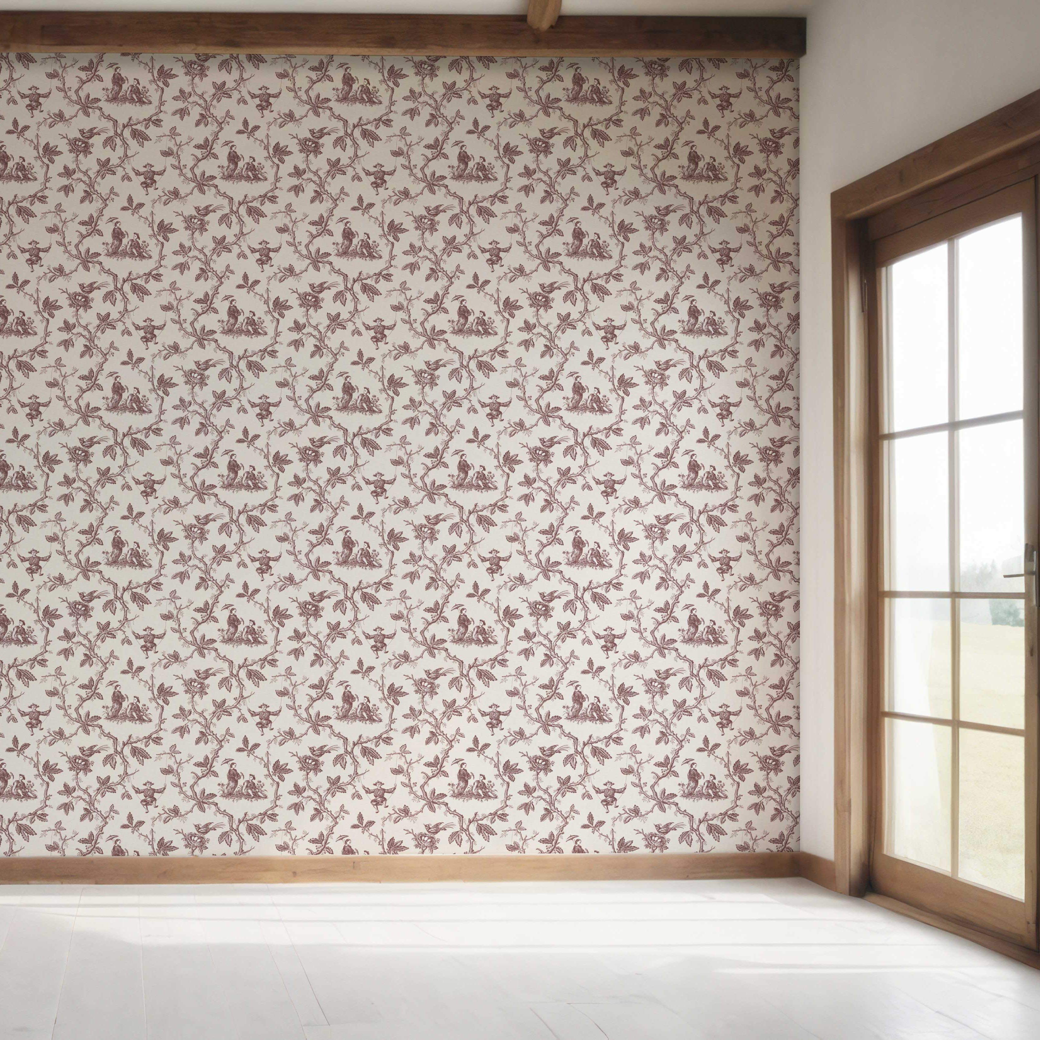 Floral Toile de Jouy Bedroom Wallpaper (Brick Red/ Deep Pink)