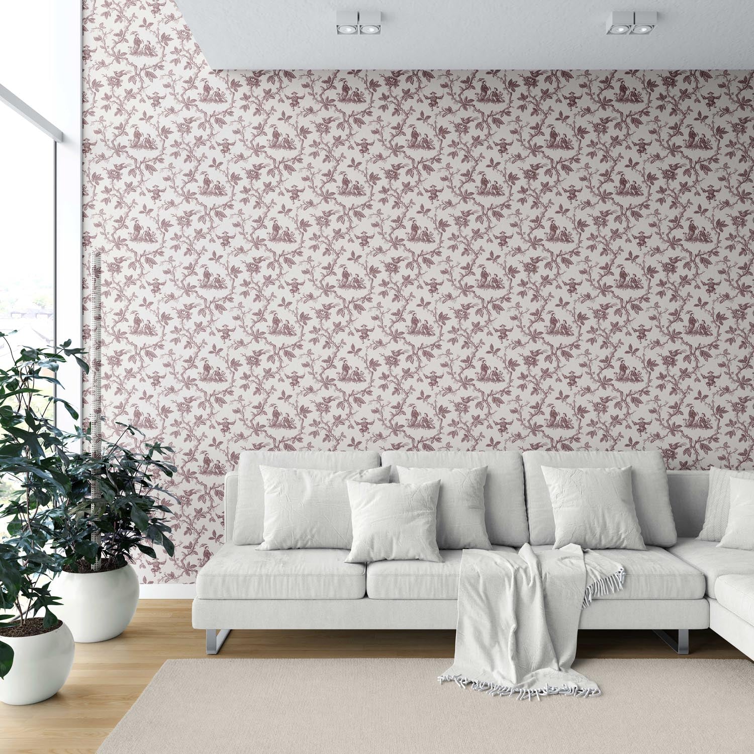 Floral Toile de Jouy Shower Toilet Wallpaper Sample (Brick Red/ Deep Pink)