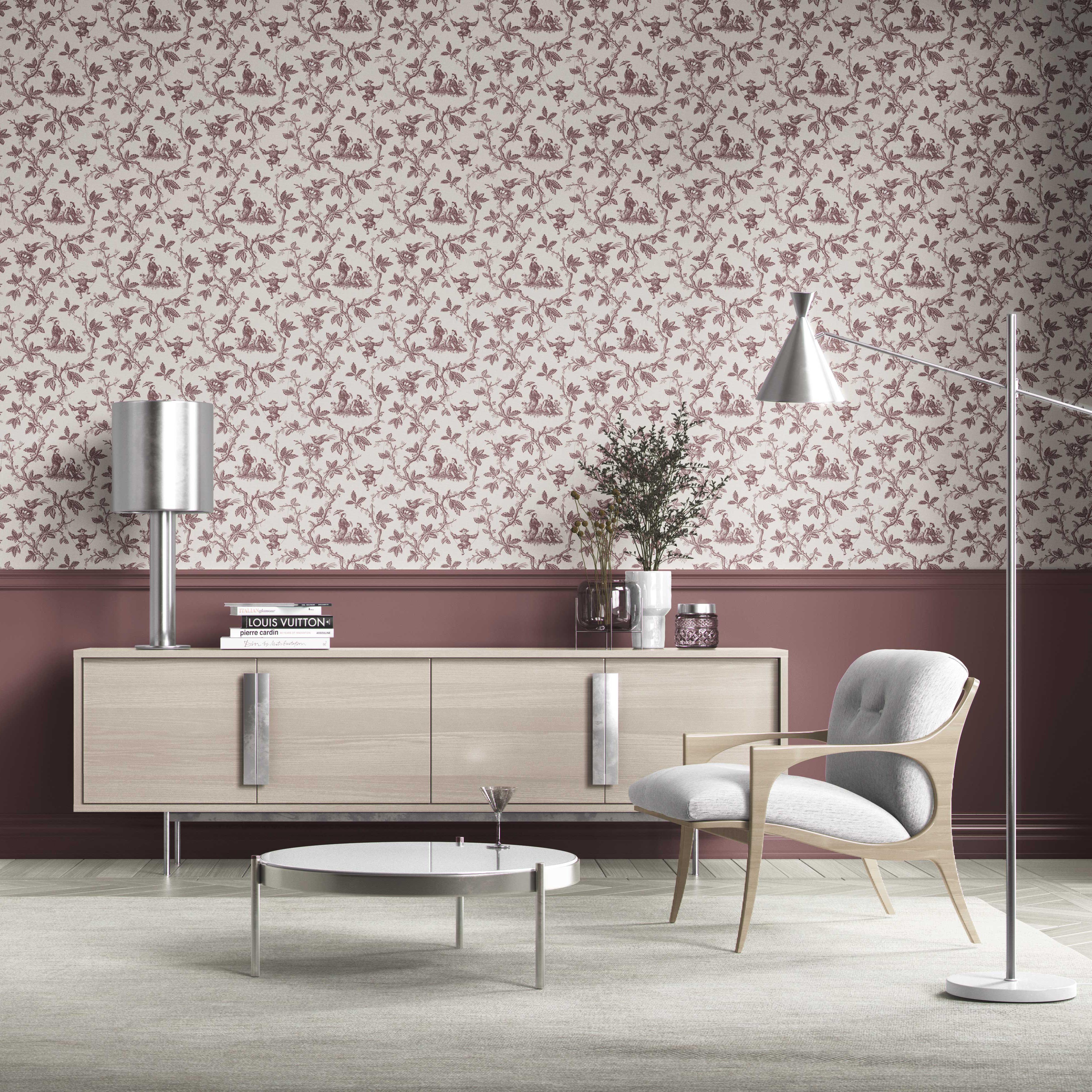 Floral Toile de Jouy Kitchen Wallpaper Sample (Brick Red/ Deep Pink)