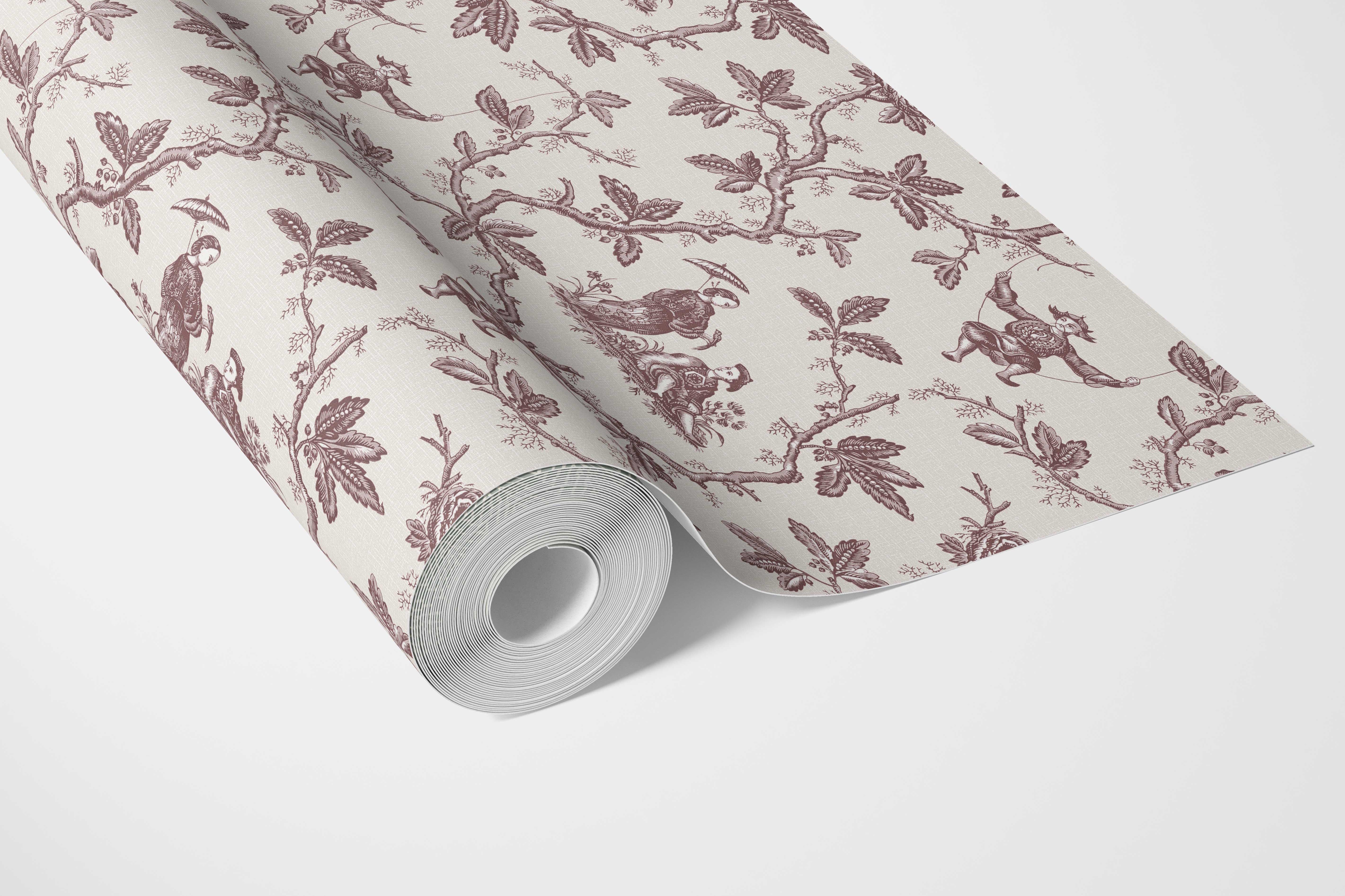 Floral Toile de Jouy Bathroom Wallpaper Sample (Brick Red/ Deep Pink)