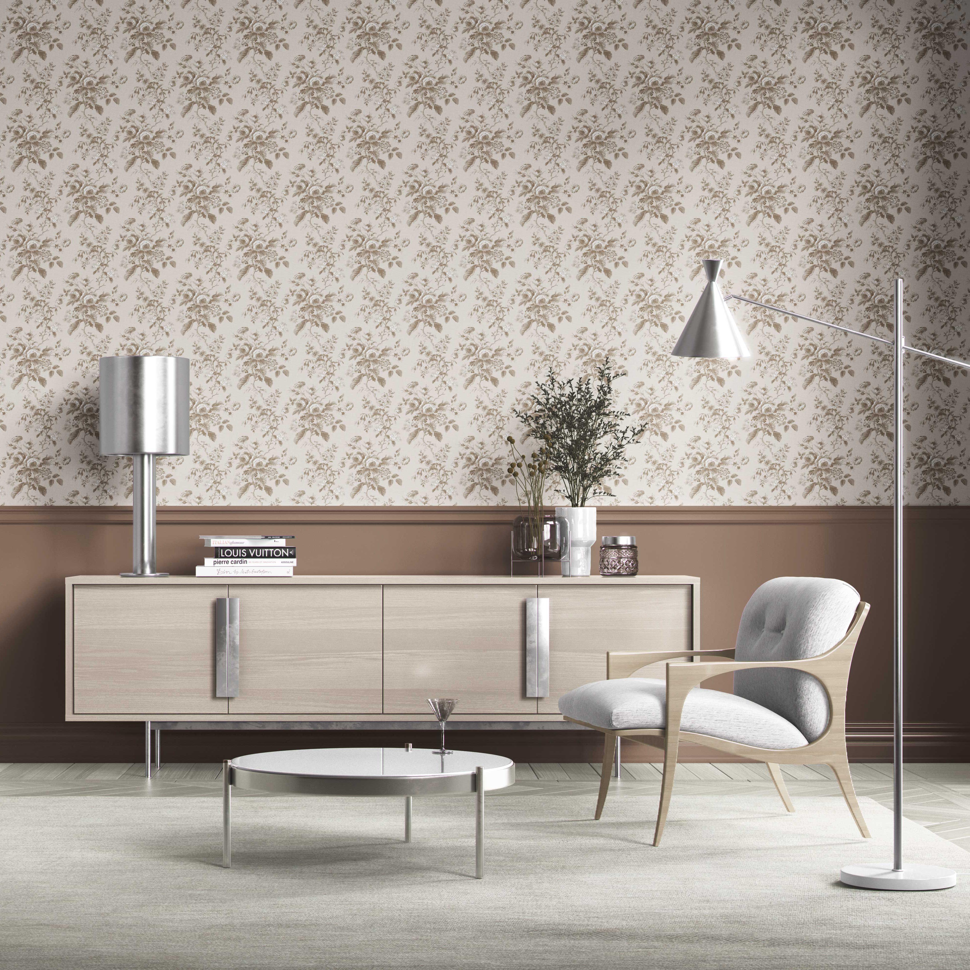 Vintage-Inspired Floral Toile/ Botanical Kitchen Wallpaper Sample (Beige/ Brown/ Taupe)