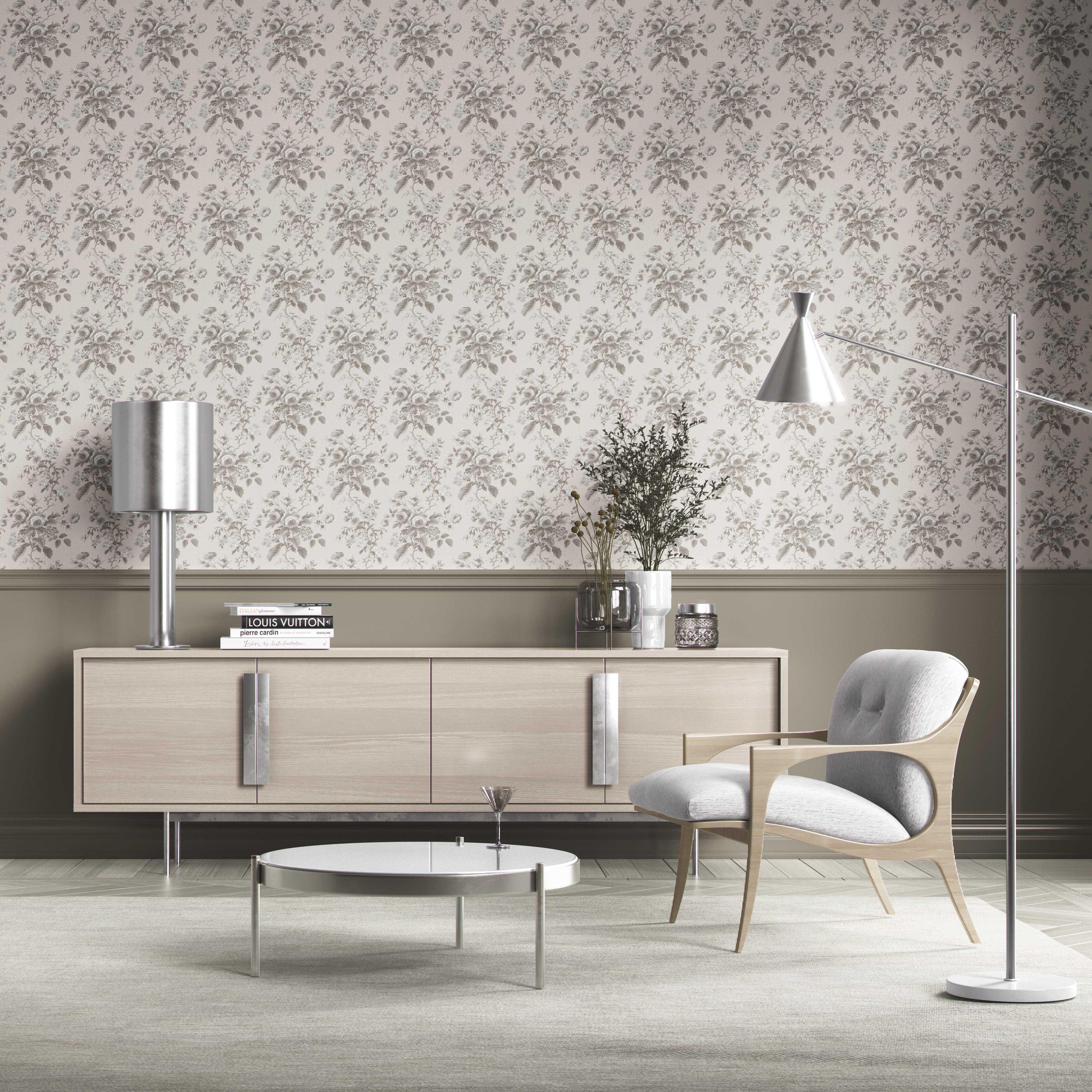 Vintage-Inspired Floral Toile/ Botanical Kitchen Wallpaper Sample (Warm Gray/ Greige)