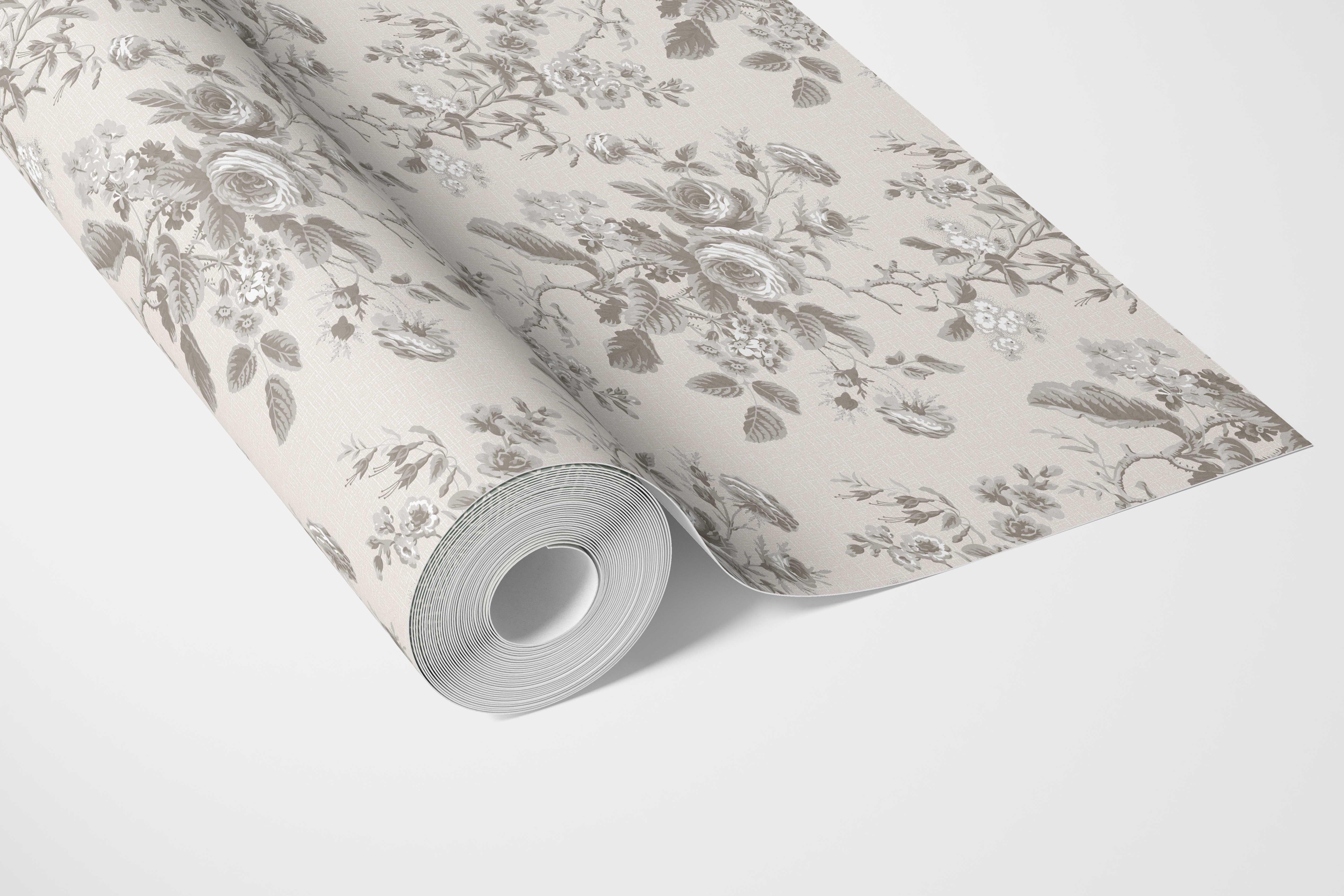 Vintage-Inspired Floral Toile/ Botanical Bathroom Wallpaper (Warm Gray/ Greige)