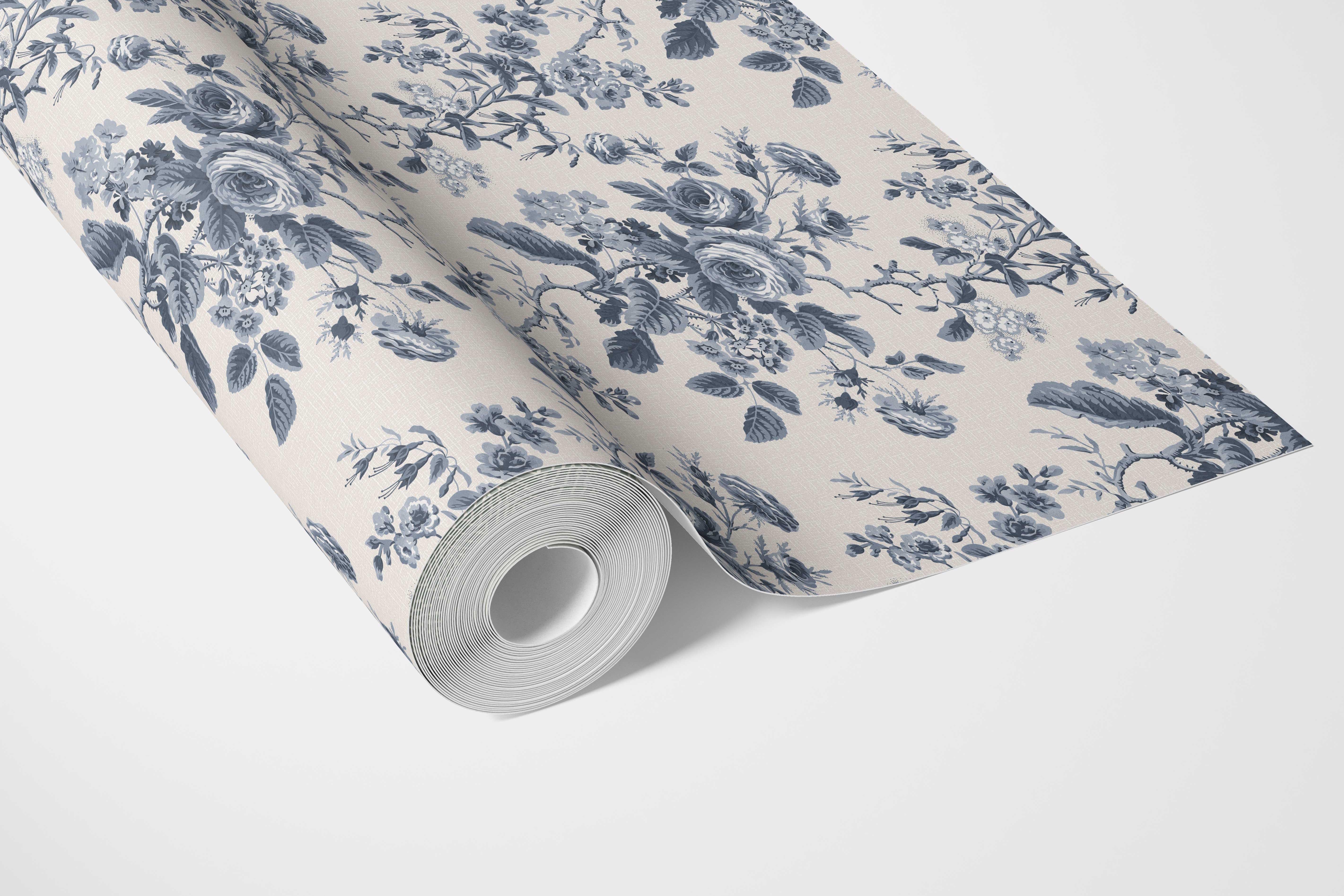 Vintage-Inspired Floral Toile/ Botanical Bathroom Wallpaper (Vintage Blue/ Slate Blue)