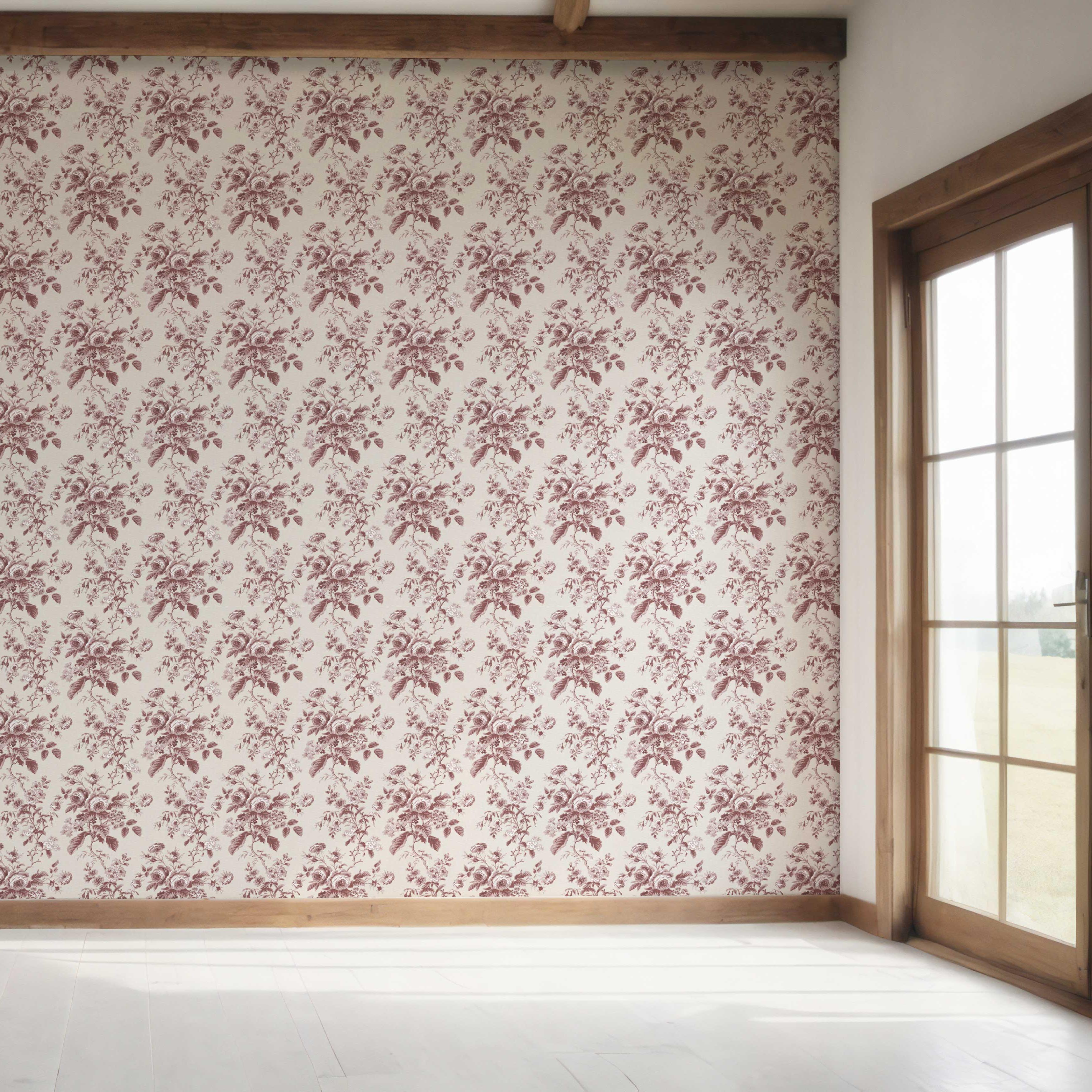 Vintage-Inspired Floral Toile/ Botanical Bedroom Wallpaper (Burgundy Red)