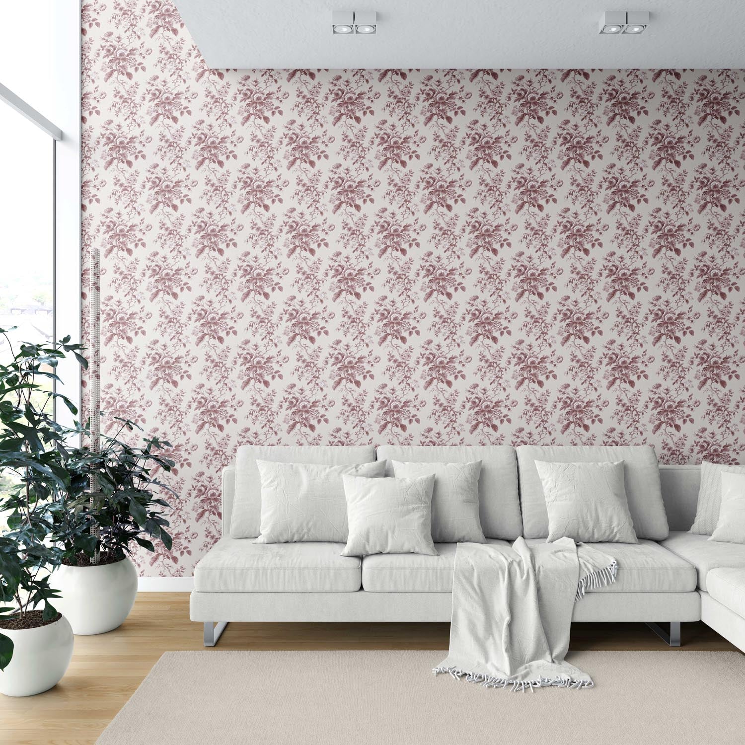 Vintage-Inspired Floral Toile/ Botanical Shower Toilet Wallpaper Sample (Burgundy Red)