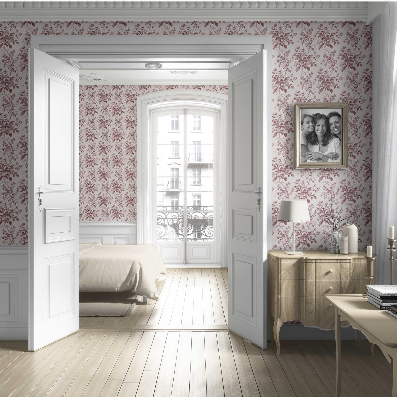 Vintage-Inspired Floral Toile/ Botanical Living Room Wallpaper (Burgundy Red)