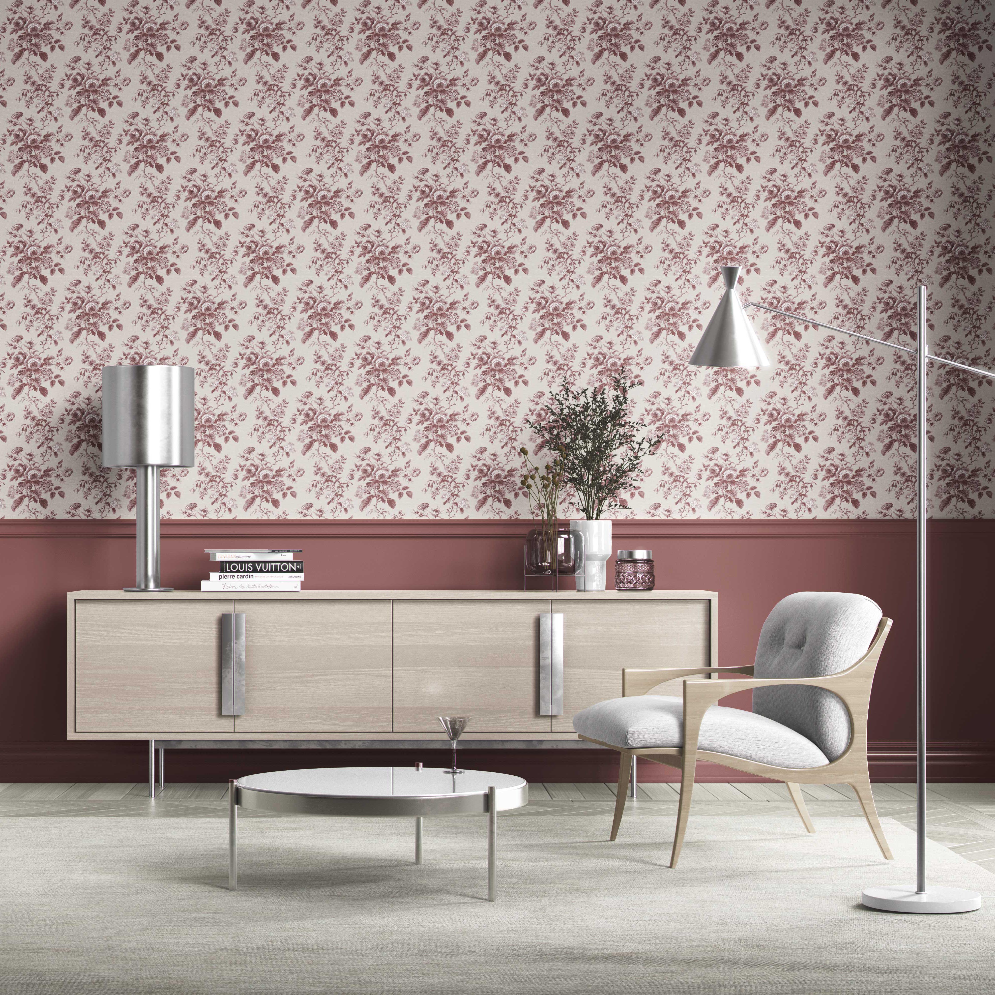 Vintage-Inspired Floral Toile/ Botanical Kitchen Wallpaper (Burgundy Red)