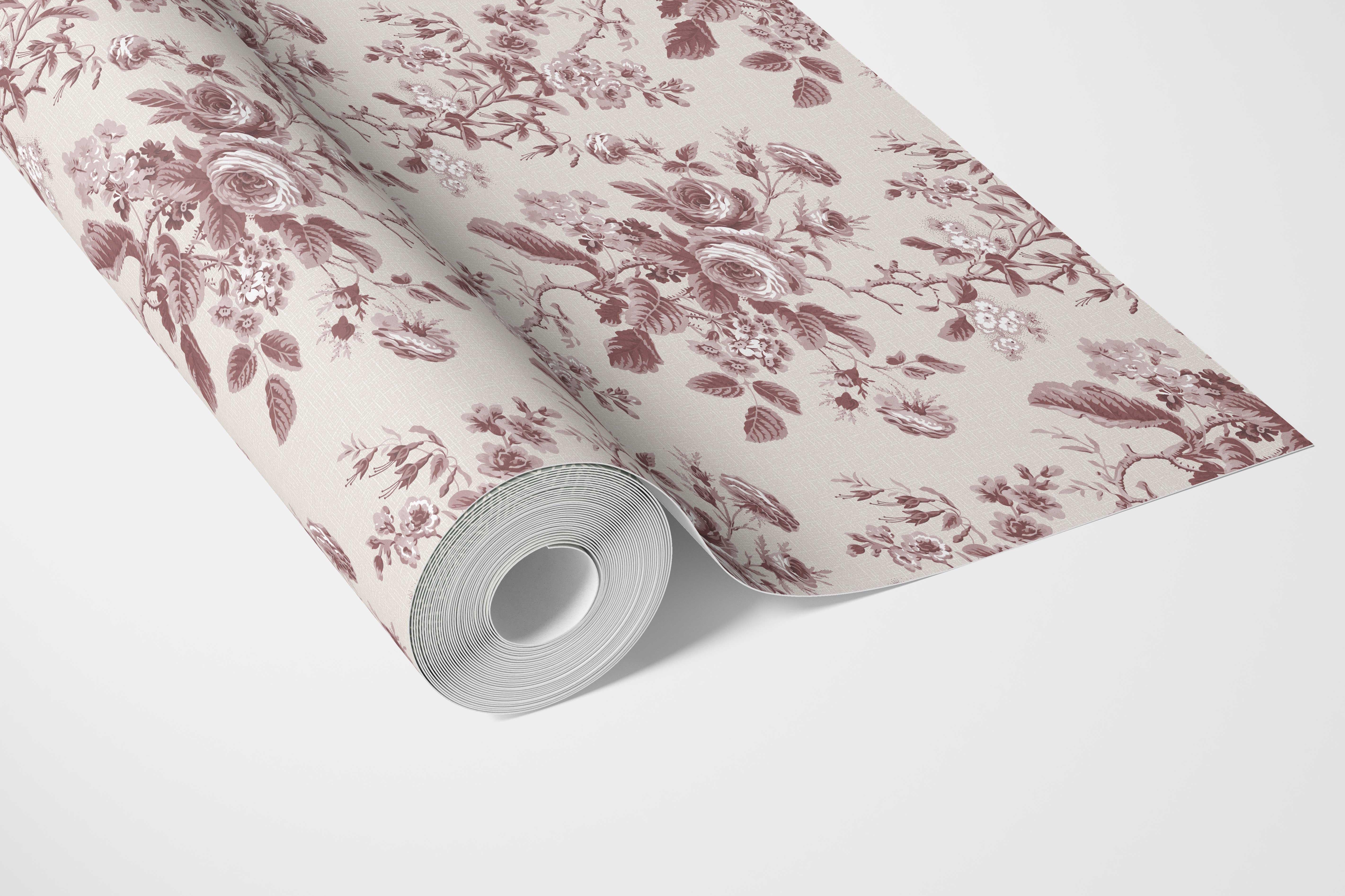 Vintage-Inspired Floral Toile/ Botanical Bathroom Wallpaper (Burgundy Red)