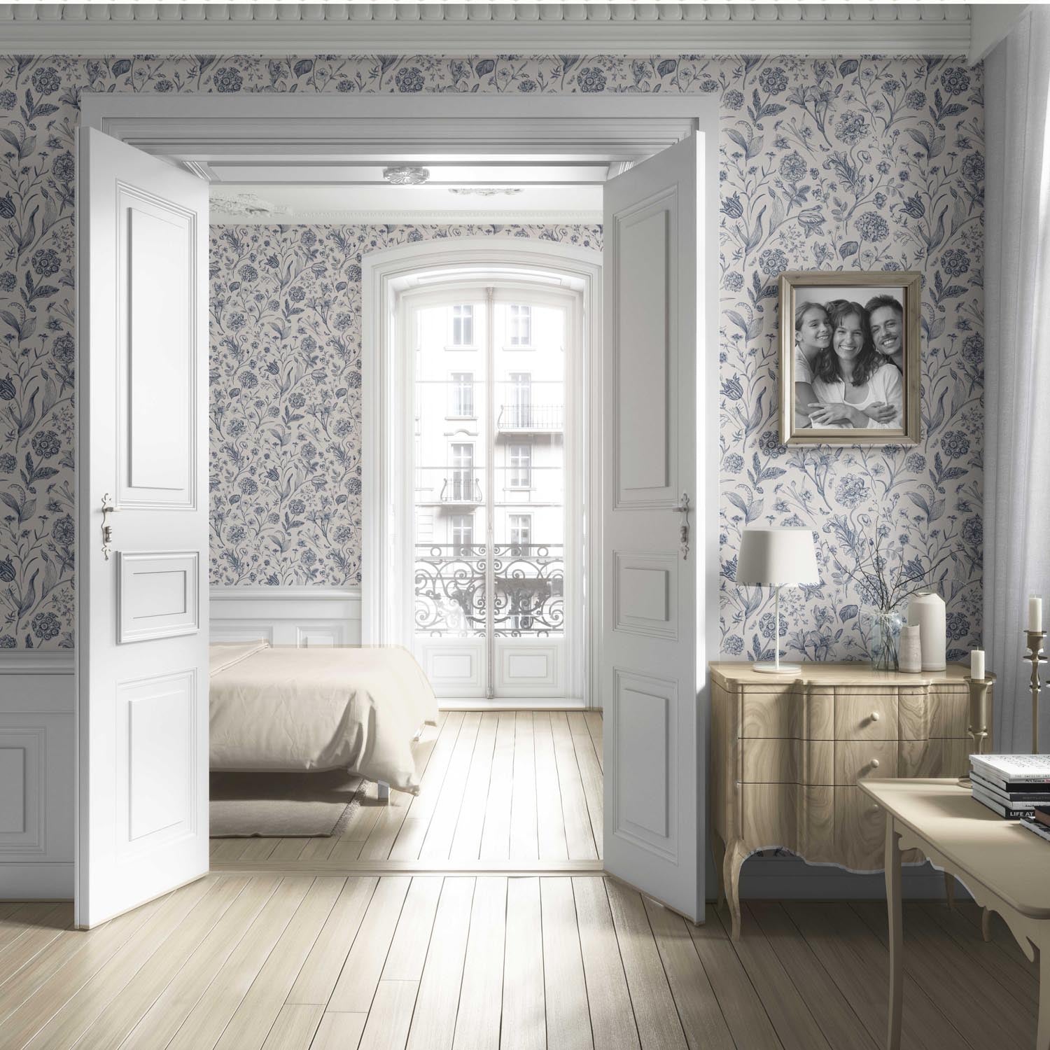 Floral/ Botanical Living Room Wallpaper Sample (Navy Blue)