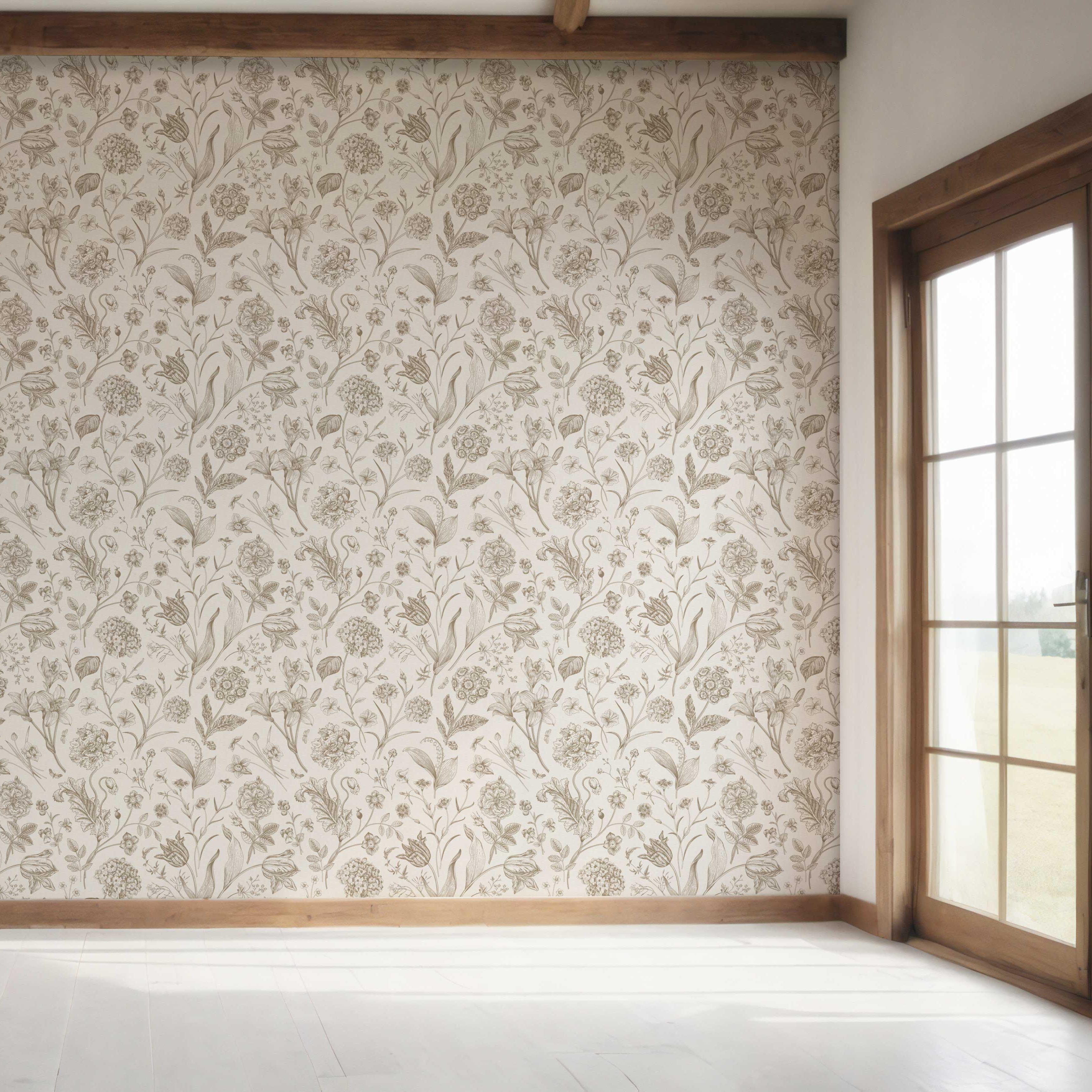 Neutral Floral/ Botanical Bedroom Wallpaper (Greige/ Beige/ Warm Gray)