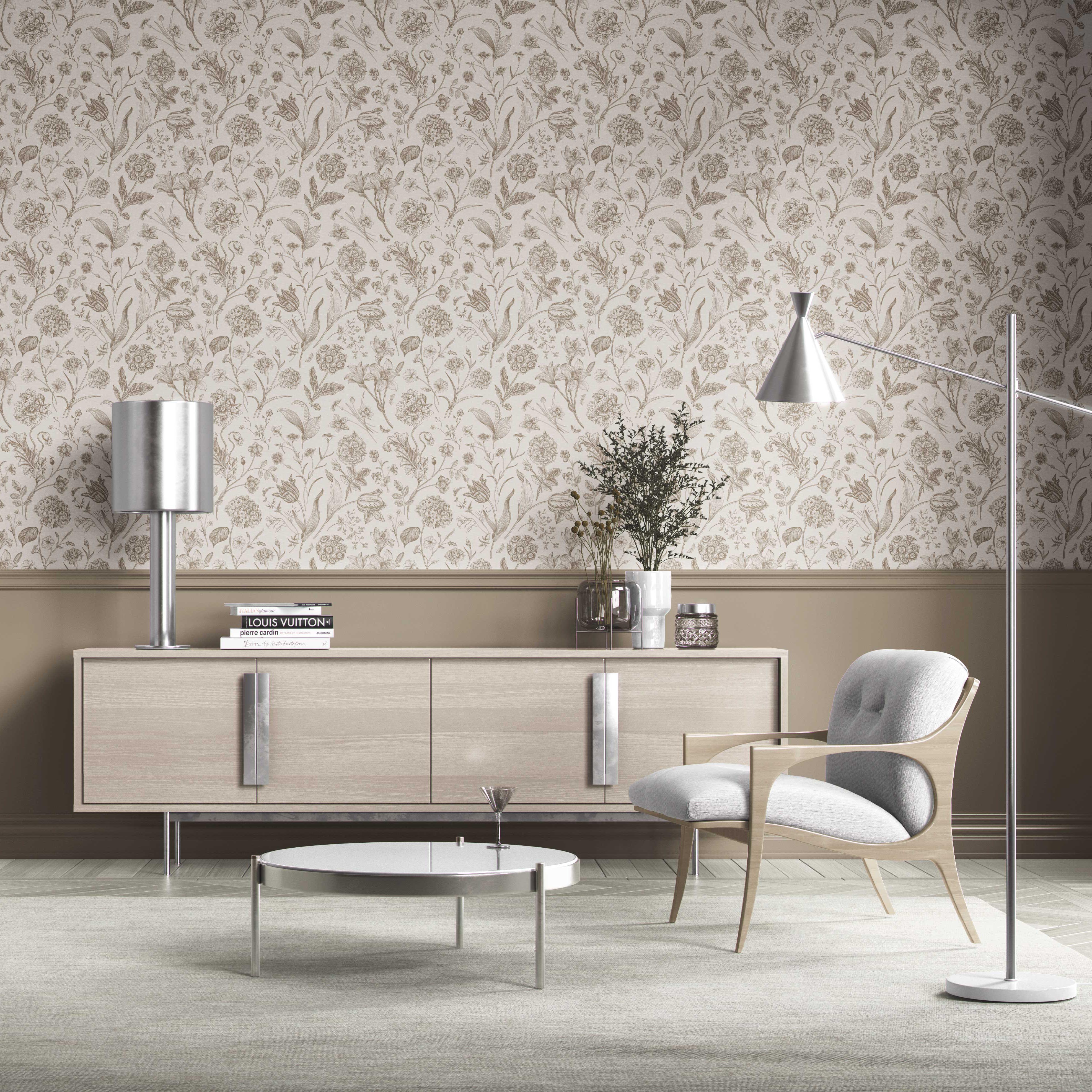 Neutral Floral/ Botanical Kitchen Wallpaper Sample (Greige/ Beige/ Warm Gray)
