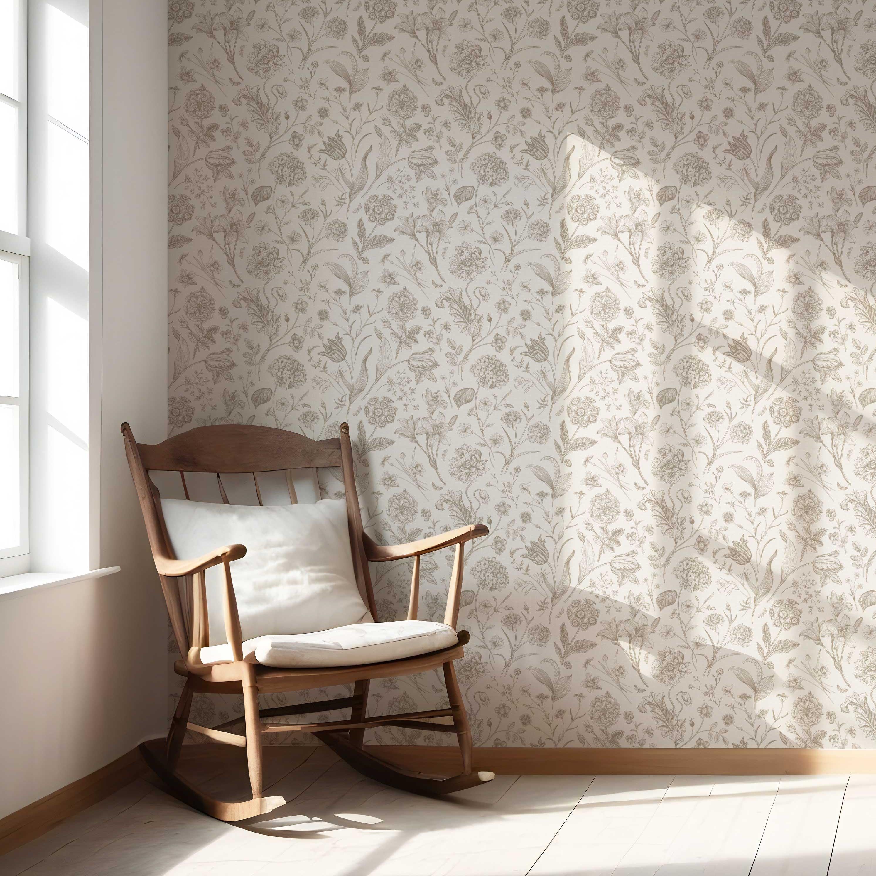 Neutral Floral/ Botanical Nursery Wallpaper Sample (Beige/ Soft Taupe)