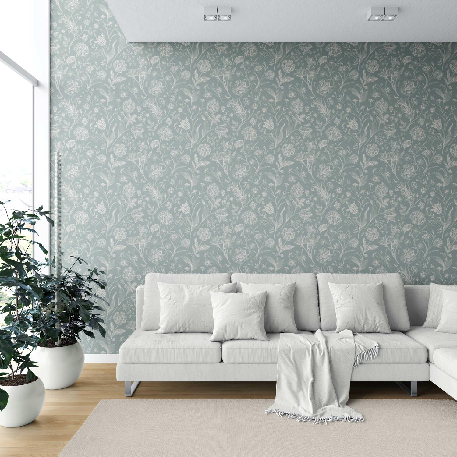 Floral/ Botanical Shower Toilet Wallpaper (Cadet Blue/ Mint Gray/ Cream)