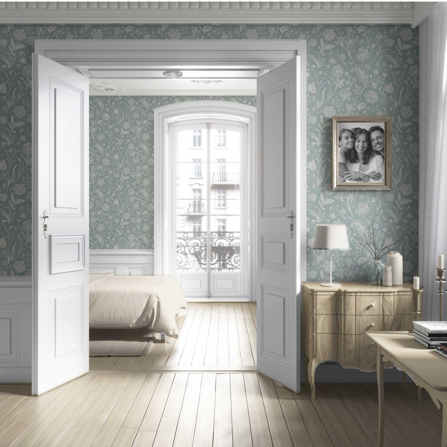 Floral/ Botanical Living Room Wallpaper (Cadet Blue/ Mint Gray/ Cream)