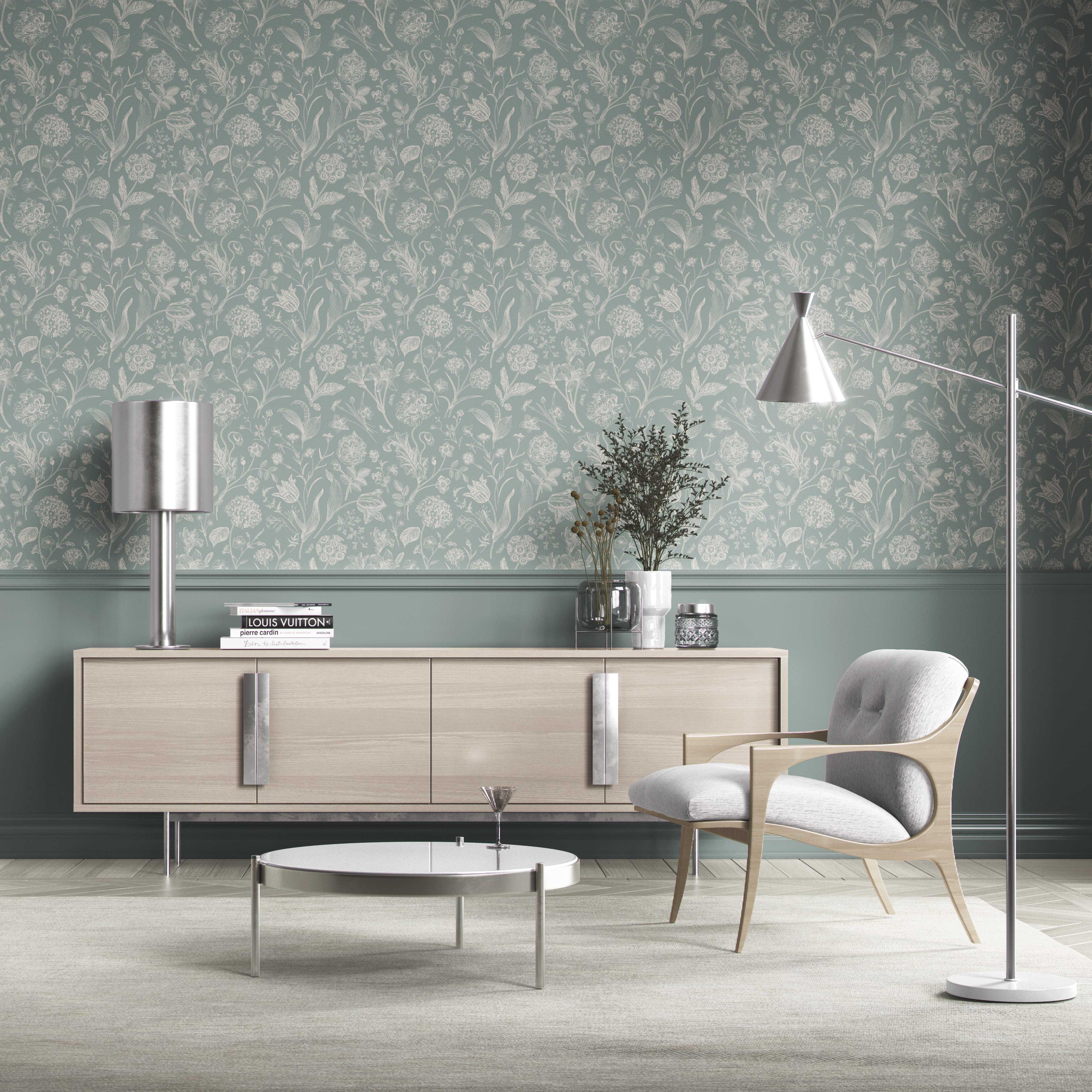 Floral/ Botanical Kitchen Wallpaper Sample (Cadet Blue/ Mint Gray/ Cream)