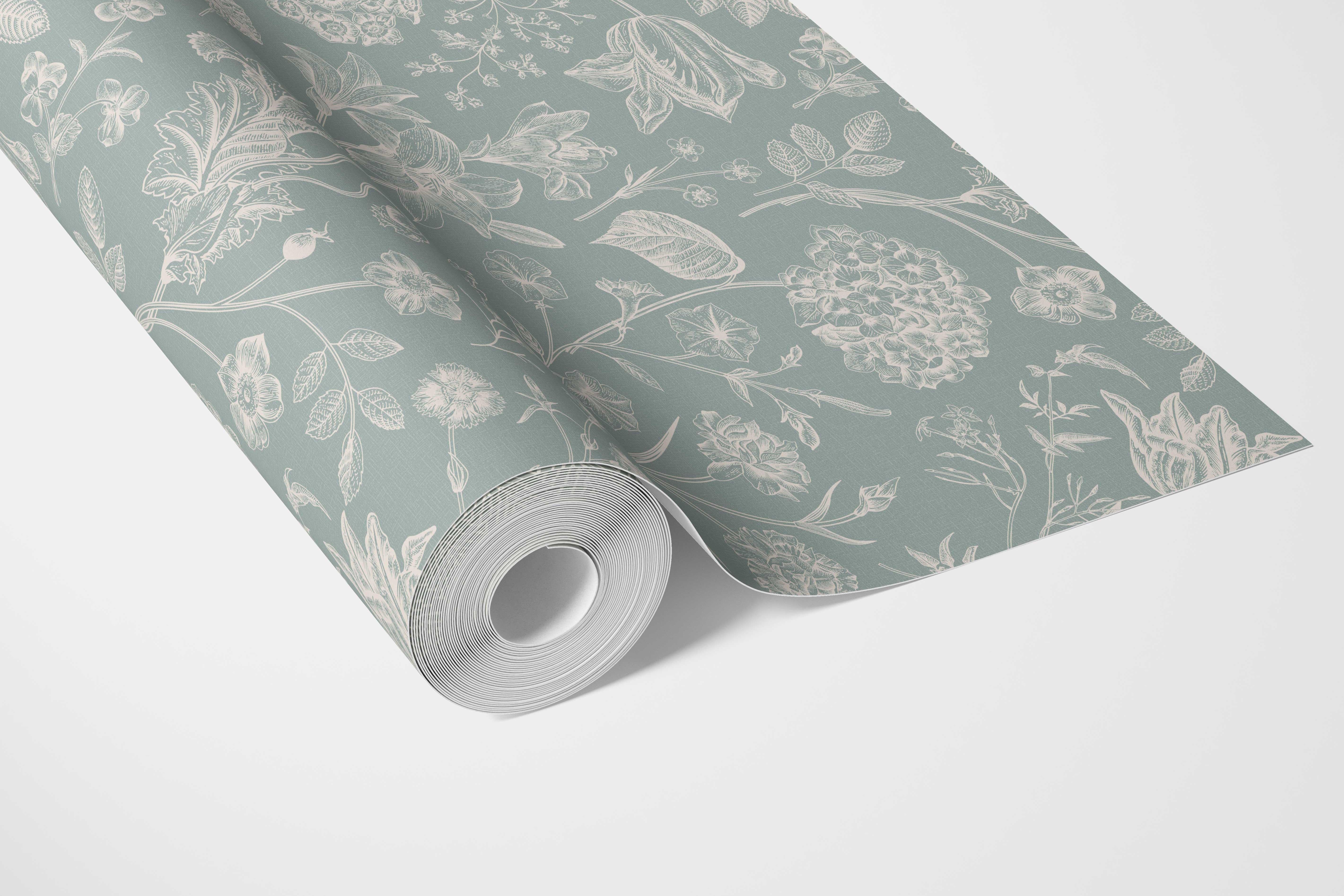 Floral/ Botanical Bathroom Wallpaper Sample (Cadet Blue/ Mint Gray/ Cream)