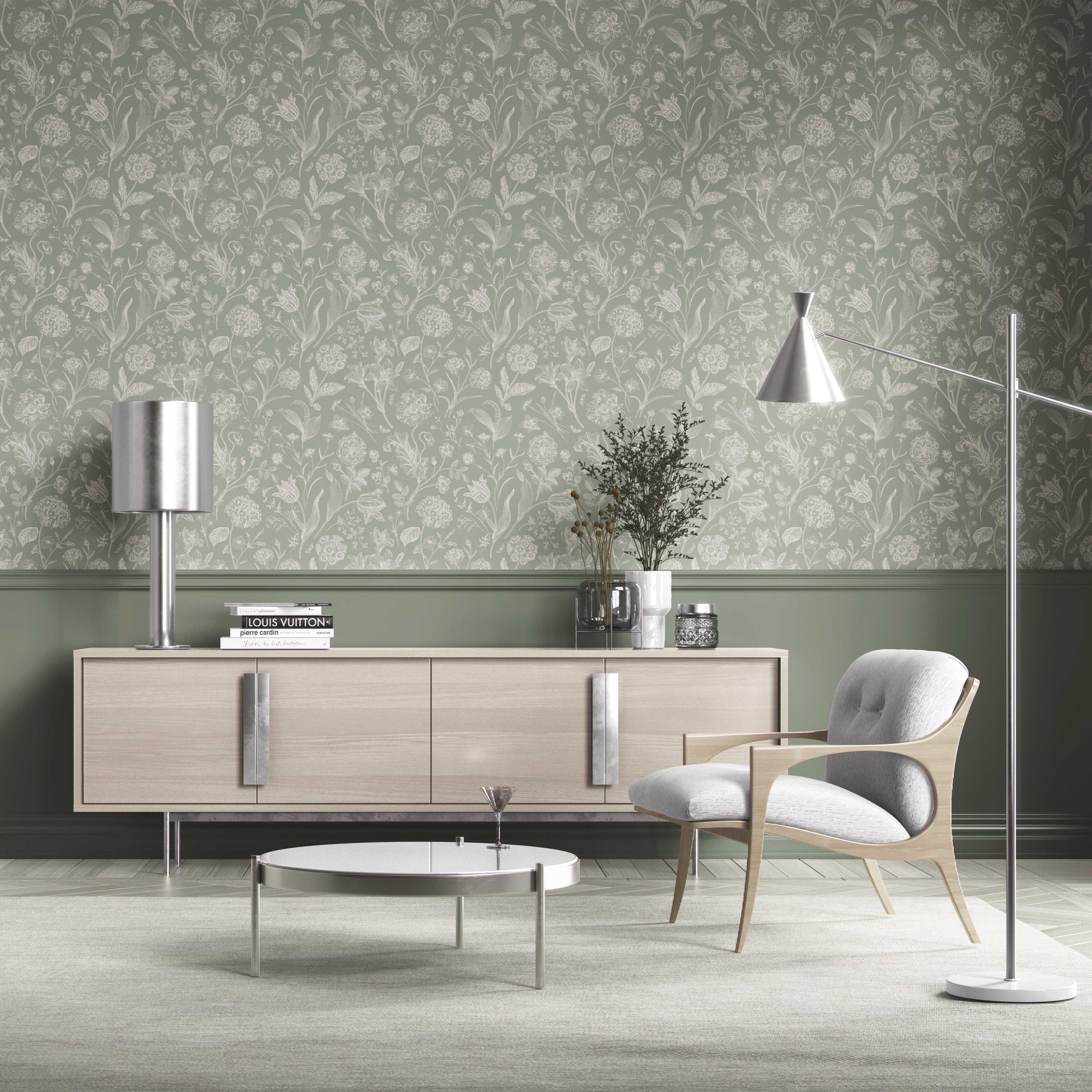 Floral/ Botanical Kitchen Wallpaper Sample (Sage Green)