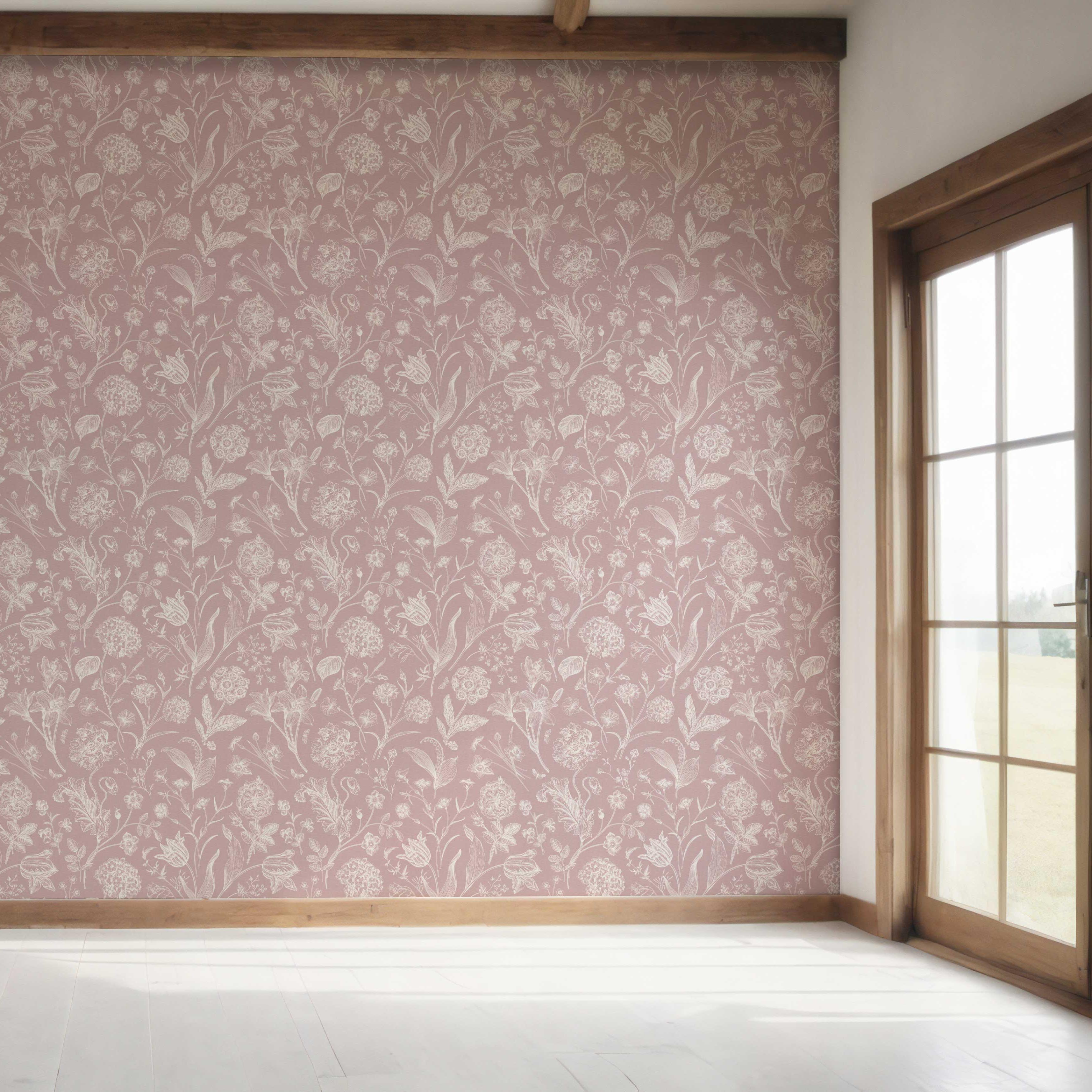 Floral/ Botanical Bedroom Wallpaper (Dusky Pink/ Cream)