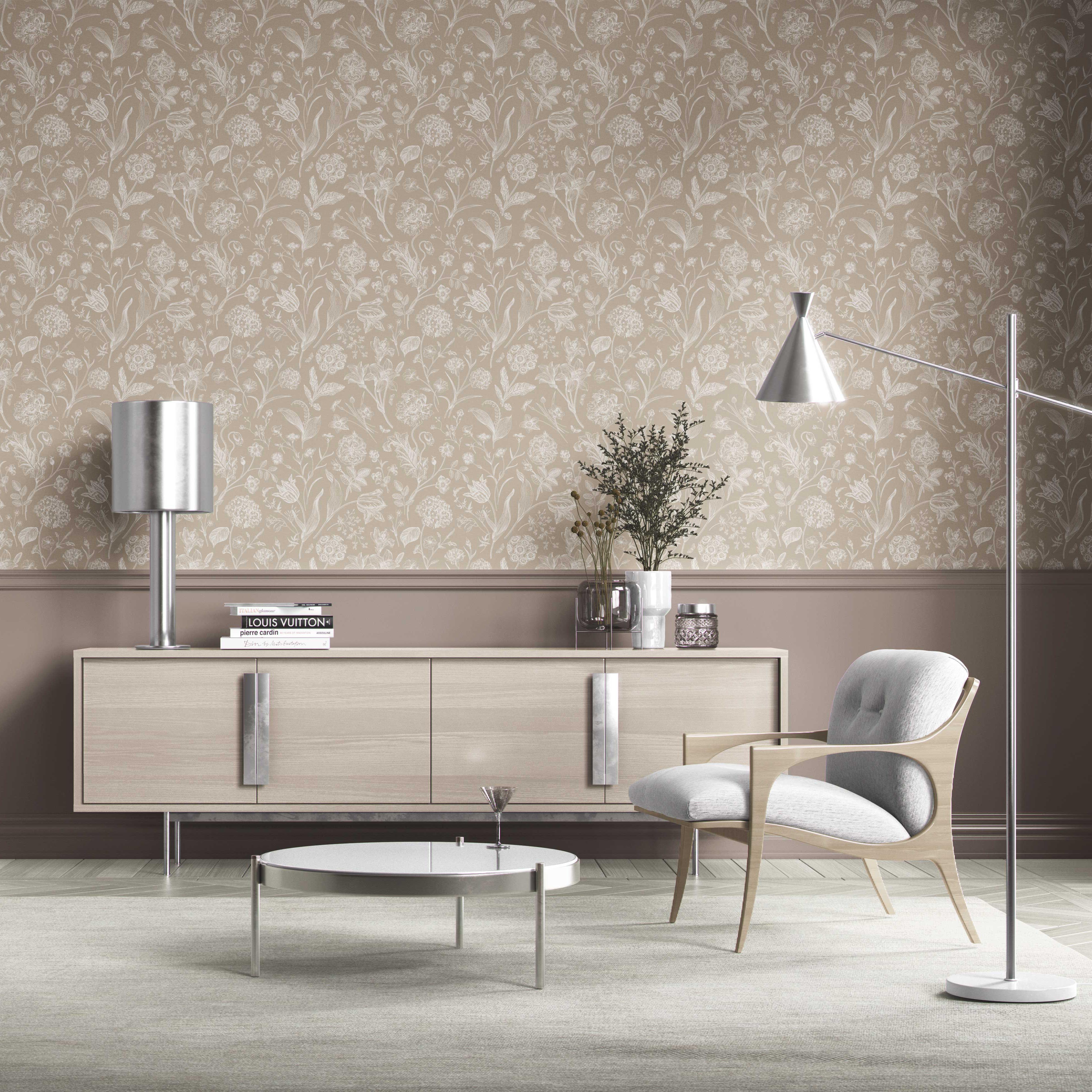 Neutral Floral/ Botanical Kitchen Wallpaper (Beige/ Brown/ Cream)