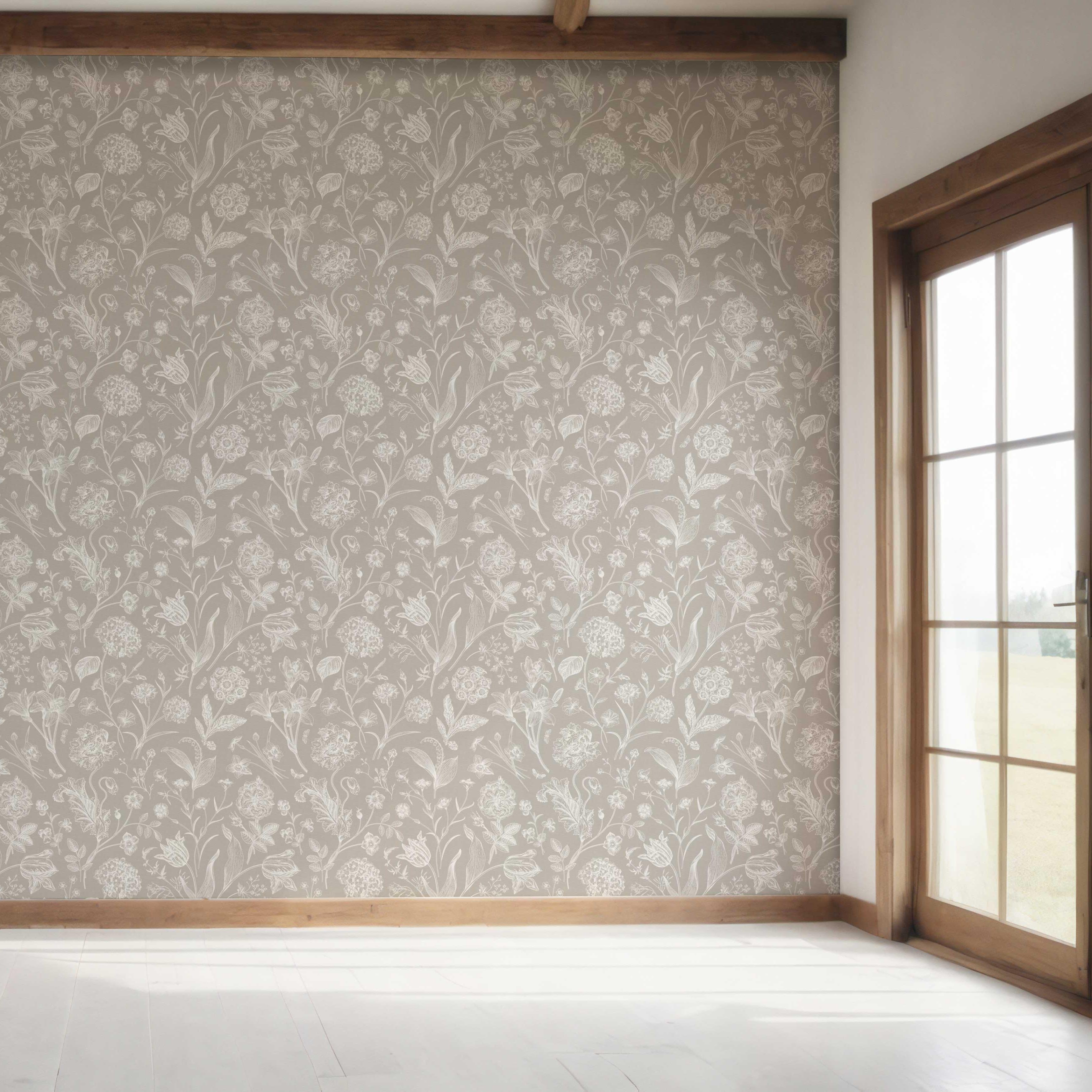 Neutral Floral/ Botanical Bedroom Wallpaper Sample (Greige/ Warm Gray/ Taupe)