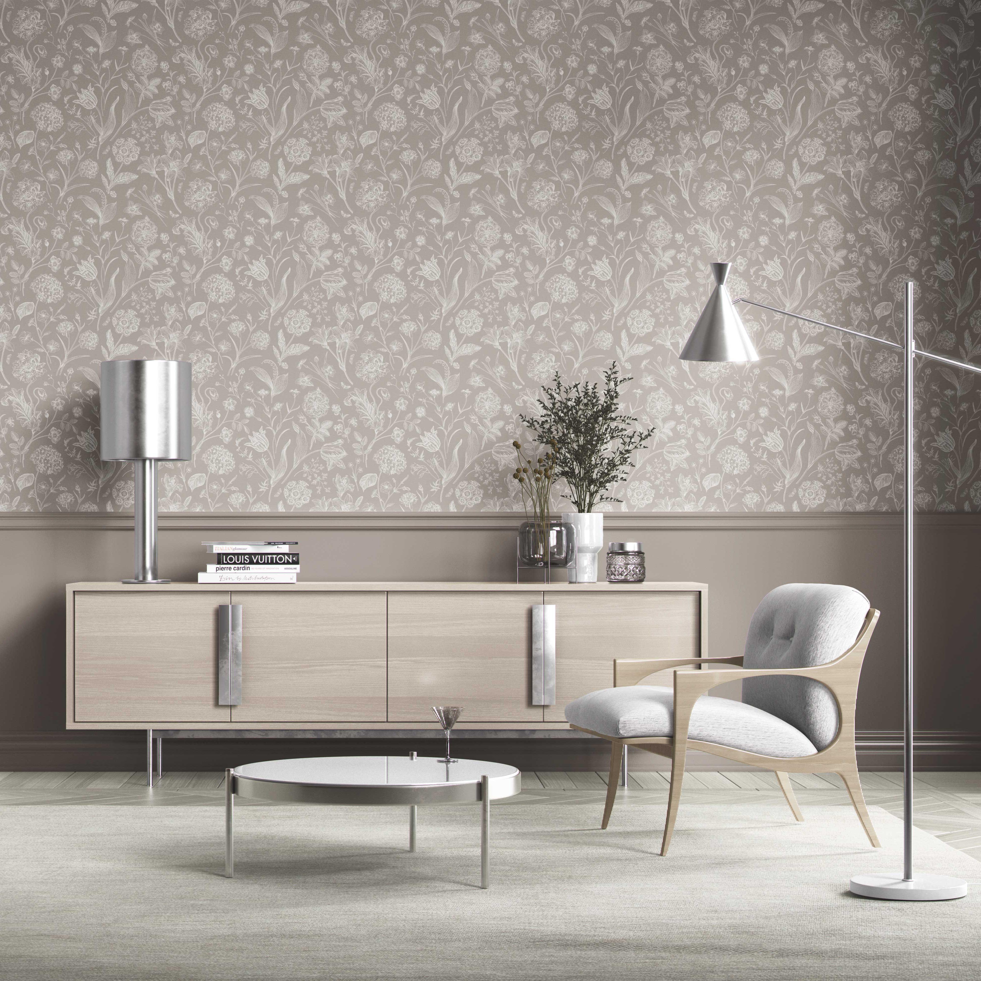 Neutral Floral/ Botanical Kitchen Wallpaper (Greige/ Warm Gray/ Taupe)