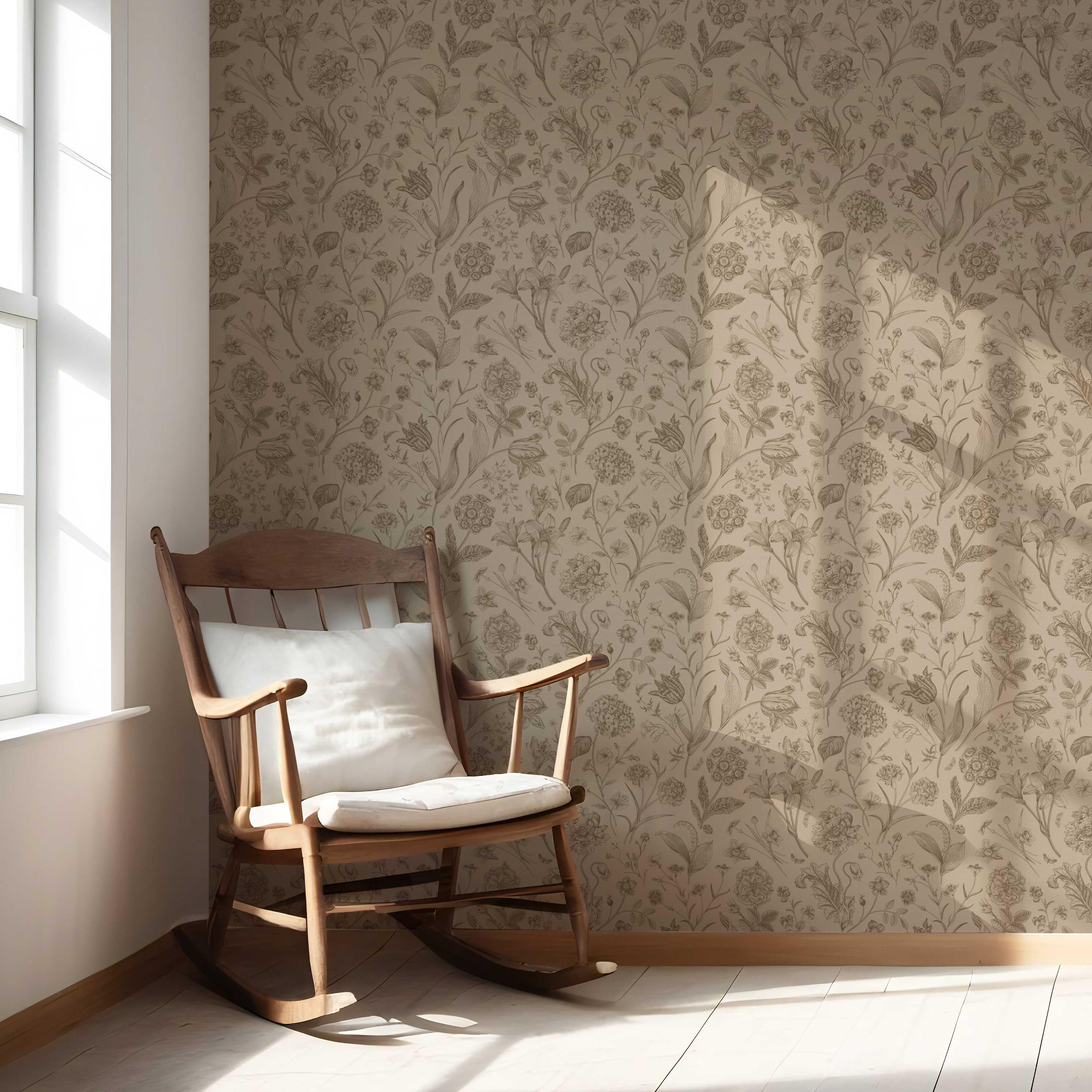 Neutral Floral/ Botanical Nursery Wallpaper Sample (Brown/ Beige/ Tan)