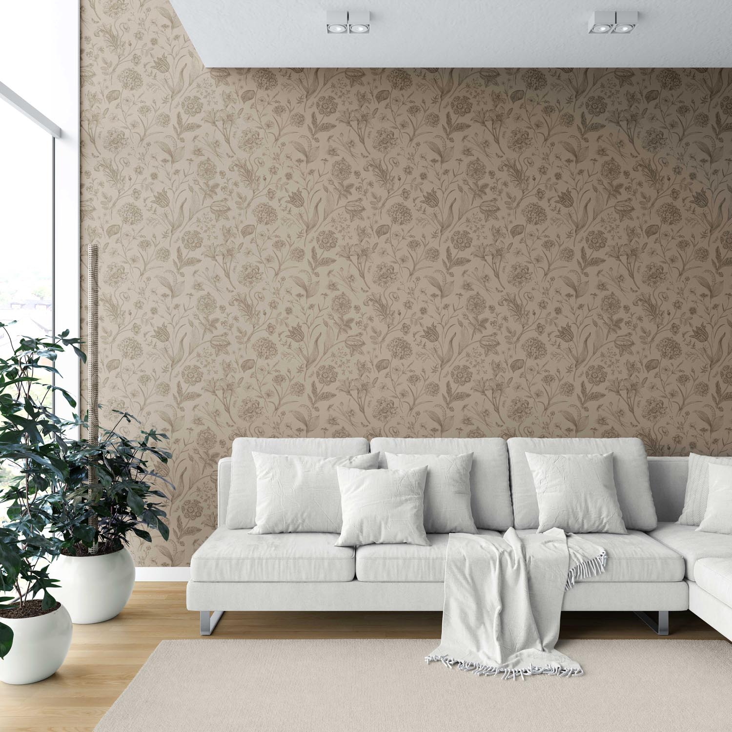 Neutral Floral/ Botanical Shower Toilet Wallpaper (Brown/ Beige/ Tan)
