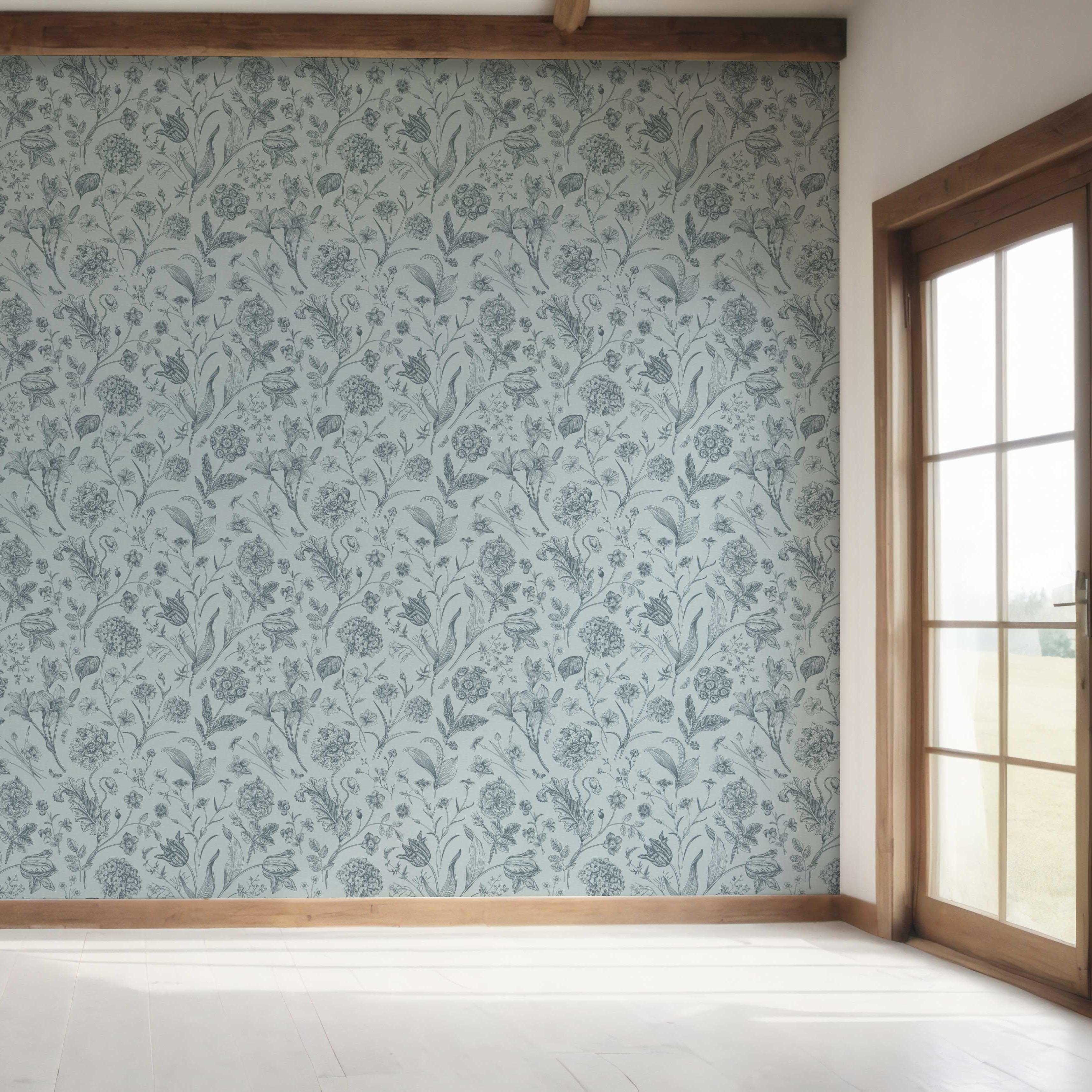Floral/ Botanical Bedroom Wallpaper Sample (Slate Blue/ Gray)