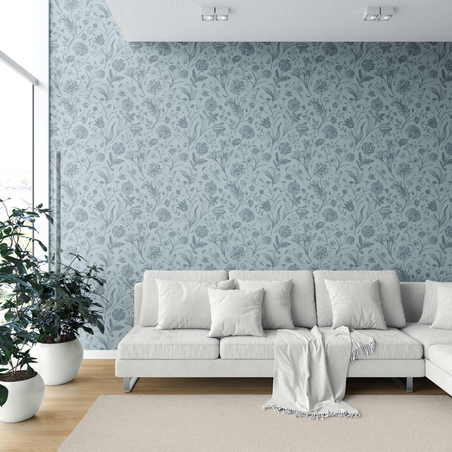 Floral/ Botanical Shower Toilet Wallpaper (Slate Blue/ Gray)