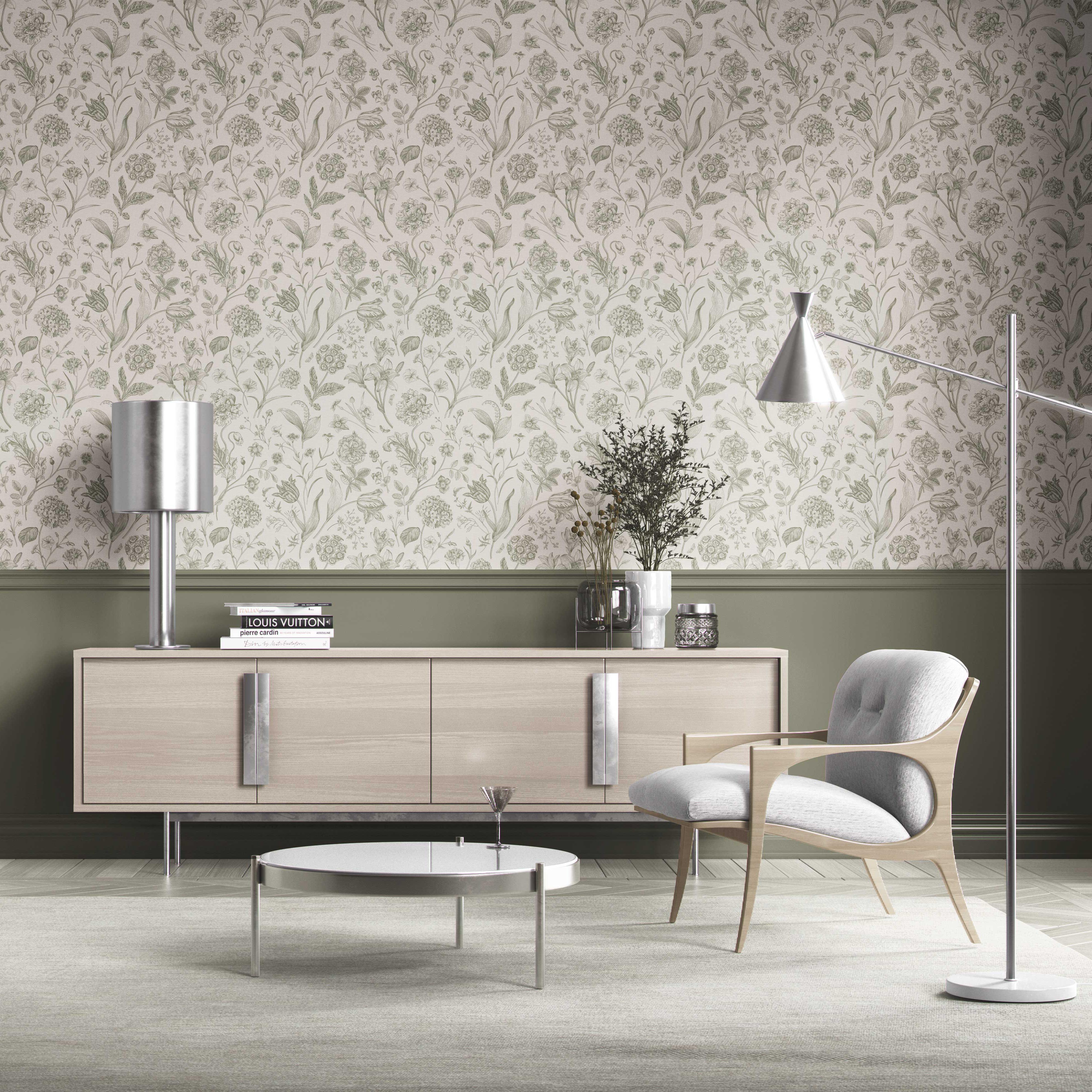 Floral/ Botanical Kitchen Wallpaper Sample (Olive Green)