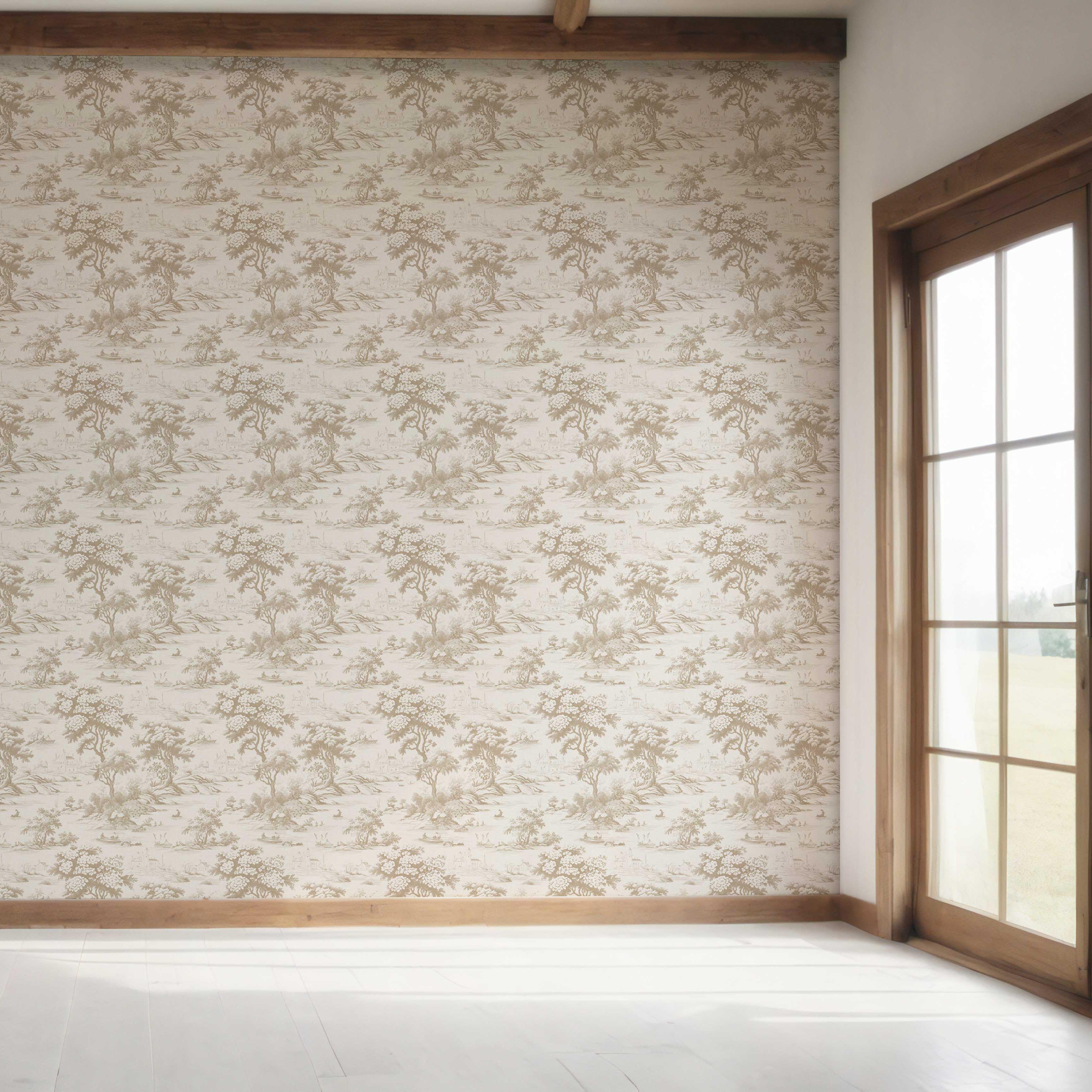Floral Toile de Jouy Nature Print Bedroom Wallpaper (Beige/ Brown/ Taupe)