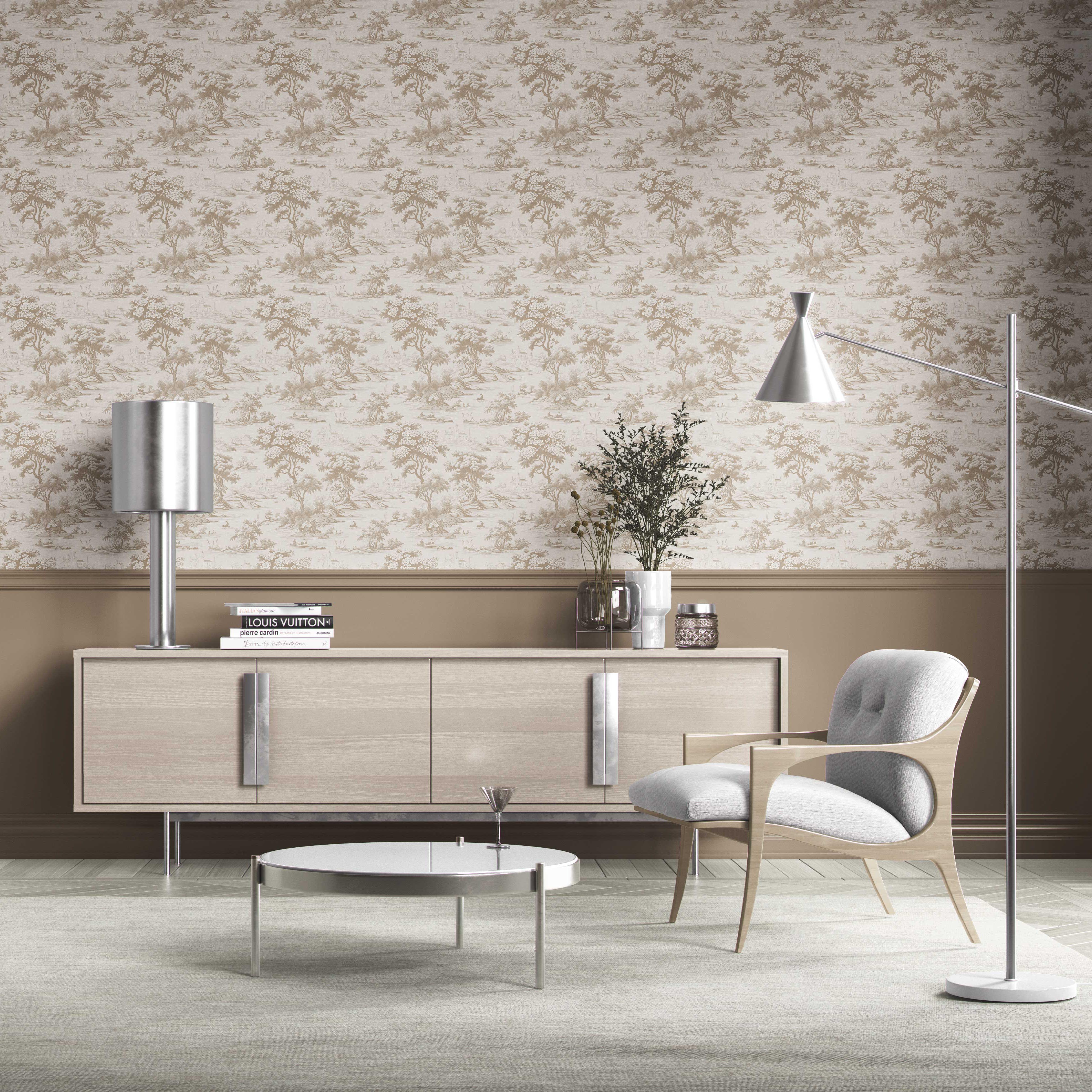 Floral Toile de Jouy Nature Print Kitchen Wallpaper Sample (Beige/ Brown/ Taupe)