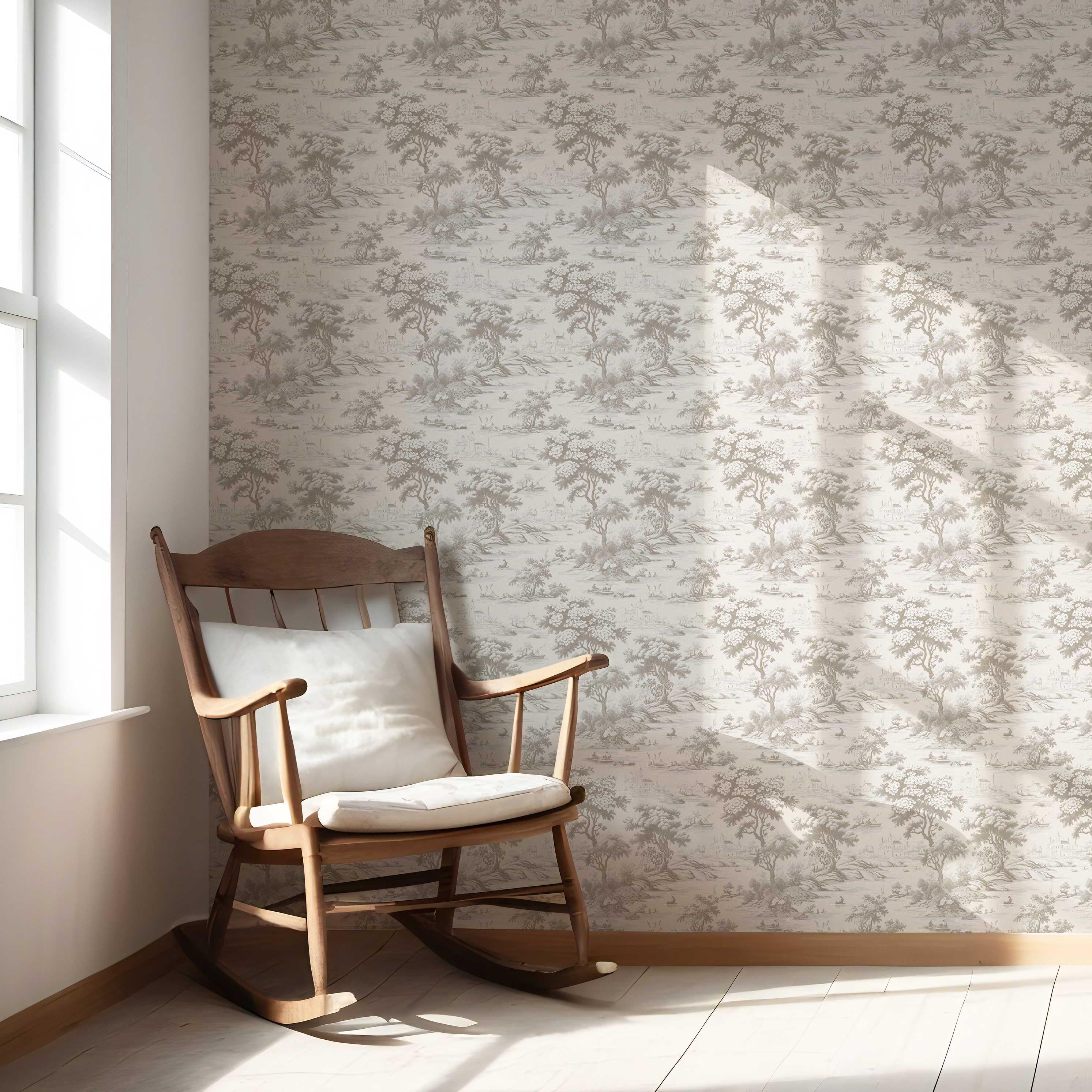 Floral Toile de Jouy Nature Print Nursery Wallpaper Sample (Greige/ Taupe/ Warm Gray)