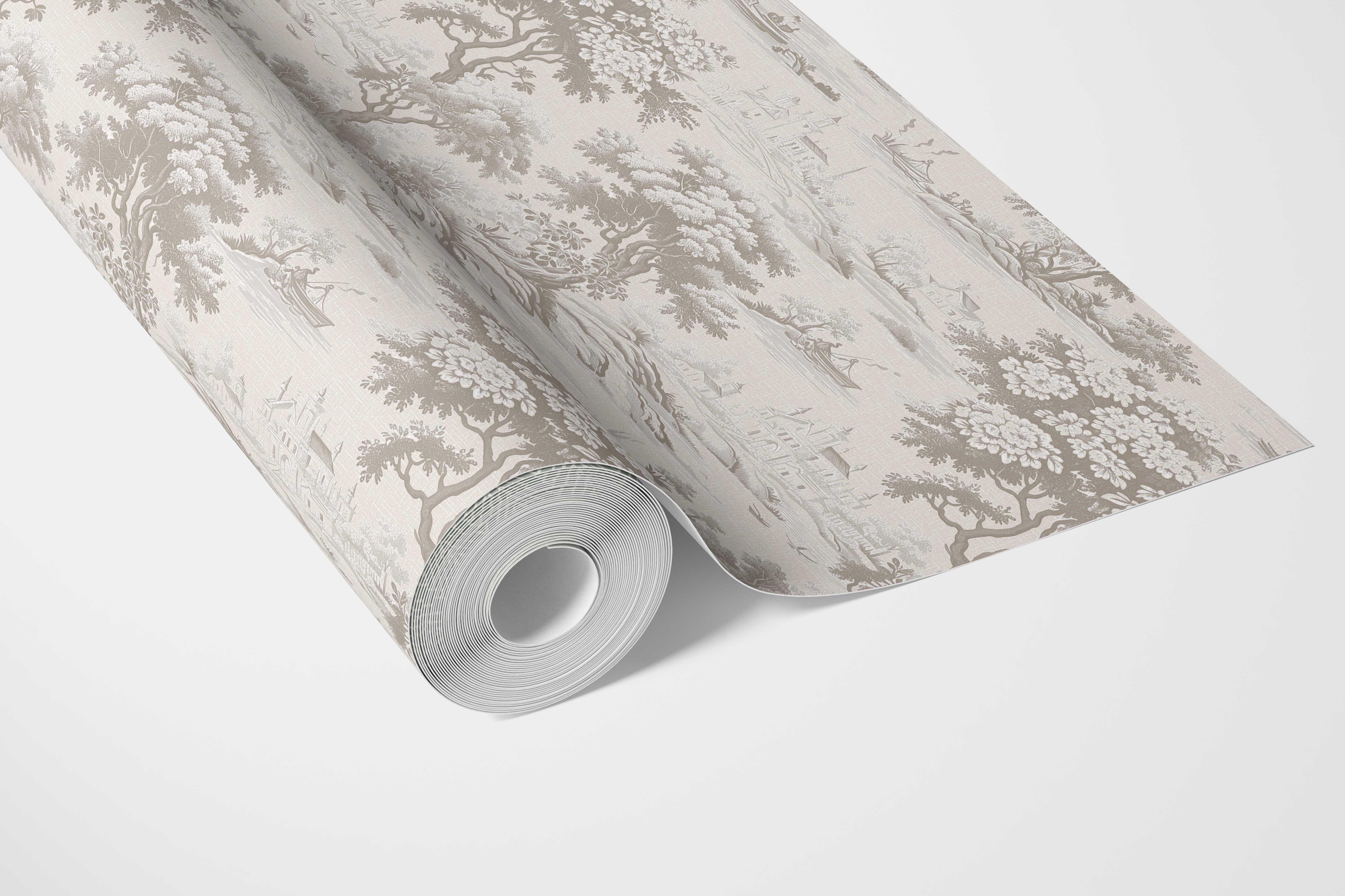 Floral Toile de Jouy Nature Print Bathroom Wallpaper (Greige/ Taupe/ Warm Gray)